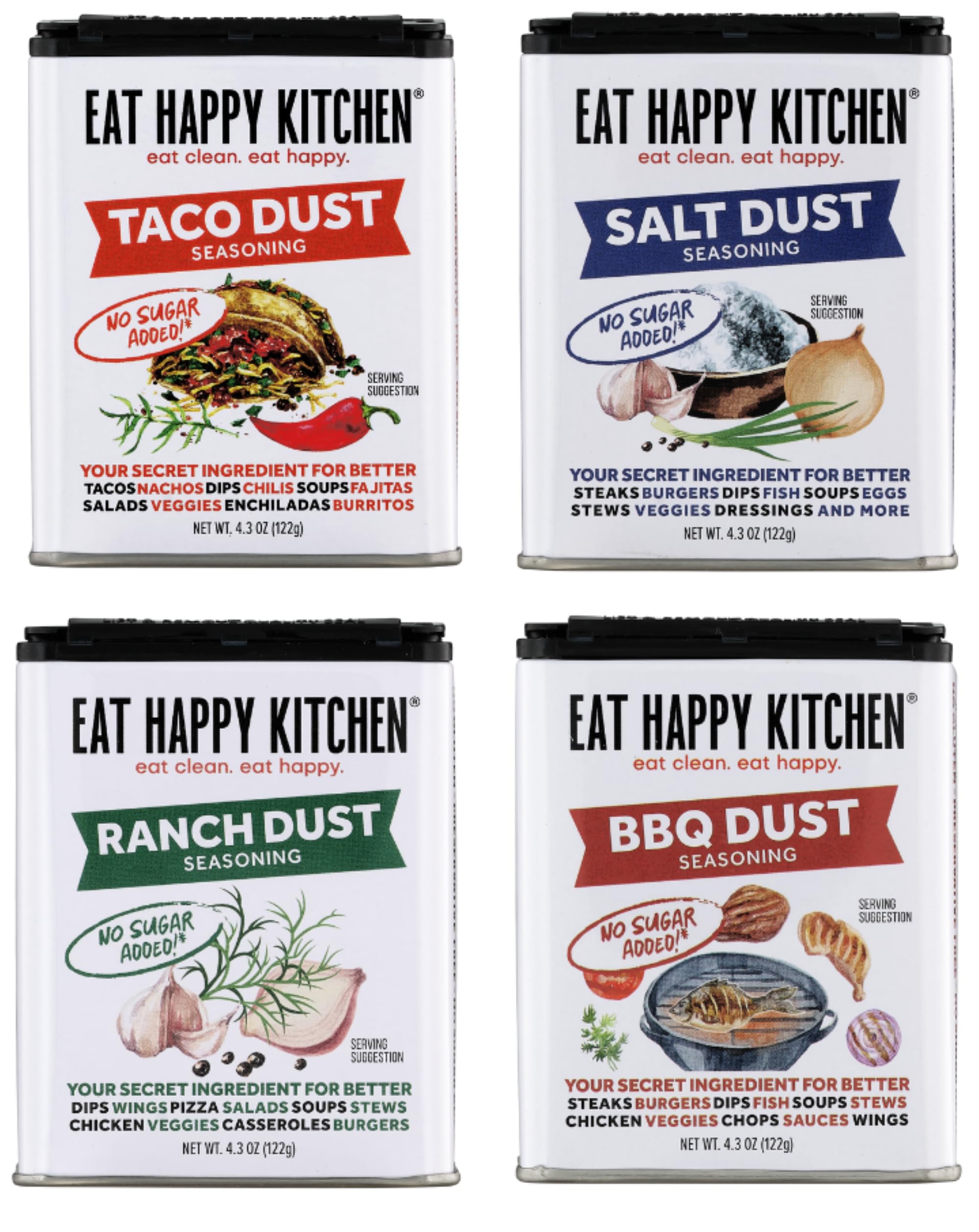 Eat Happy Kitchen Seasoning Variety Pack, 4 x 4.3 Oz - Salt, BBQ, Ranch Dust & Taco Dust - All-Purpose Spice Blends - No Sugar Added, Gluten Free, No