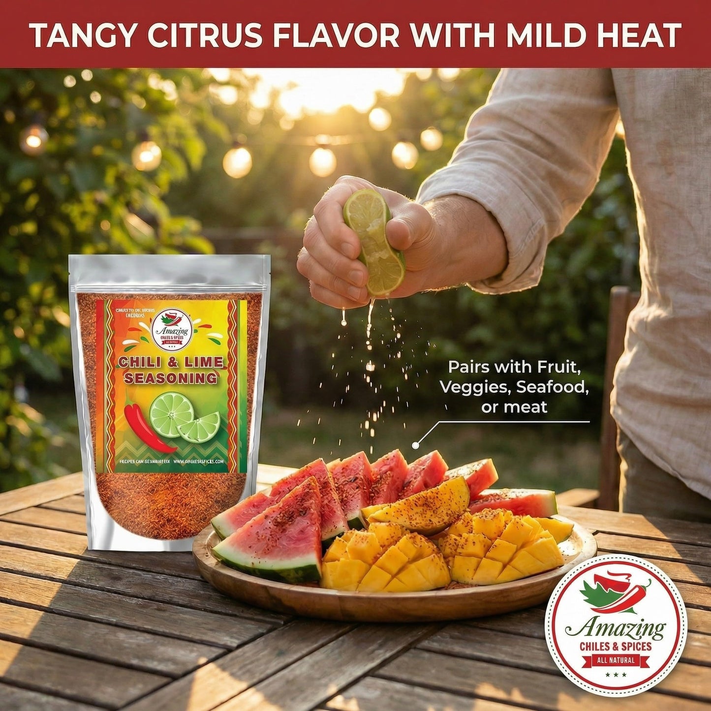 Chili Lime Seasoning, 8 oz. Fresh Natural Peppers and Sea Salt with Lime. Tangy Citrus Flavor With Mild Heat, Pairs with Fruit, Veggies, Seafood, or