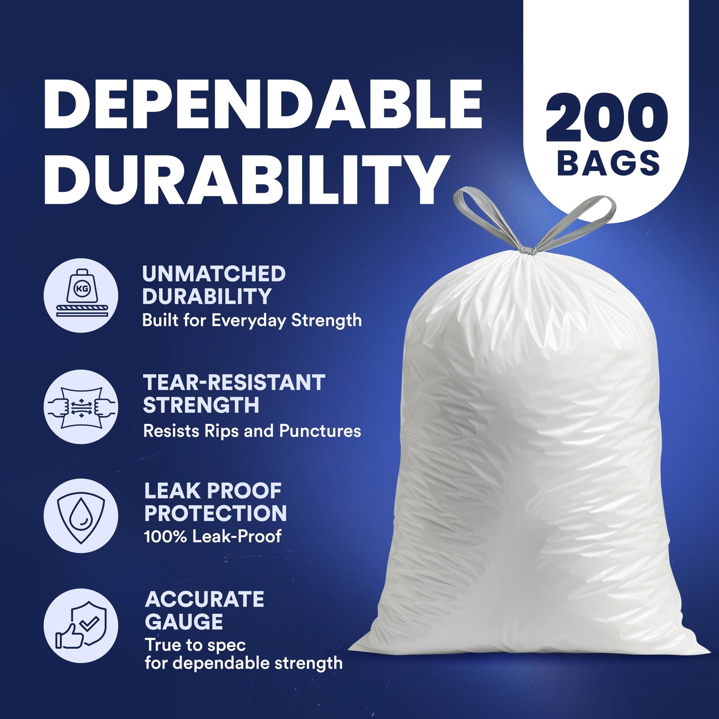 Plasticplace 4 Gallon White Drawstring Trash Bags, 200 Count (Pack of 1) - 0.7 Mil Leak-Proof Garbage Liners for Small Trash Can, Bathroom, Kitchen