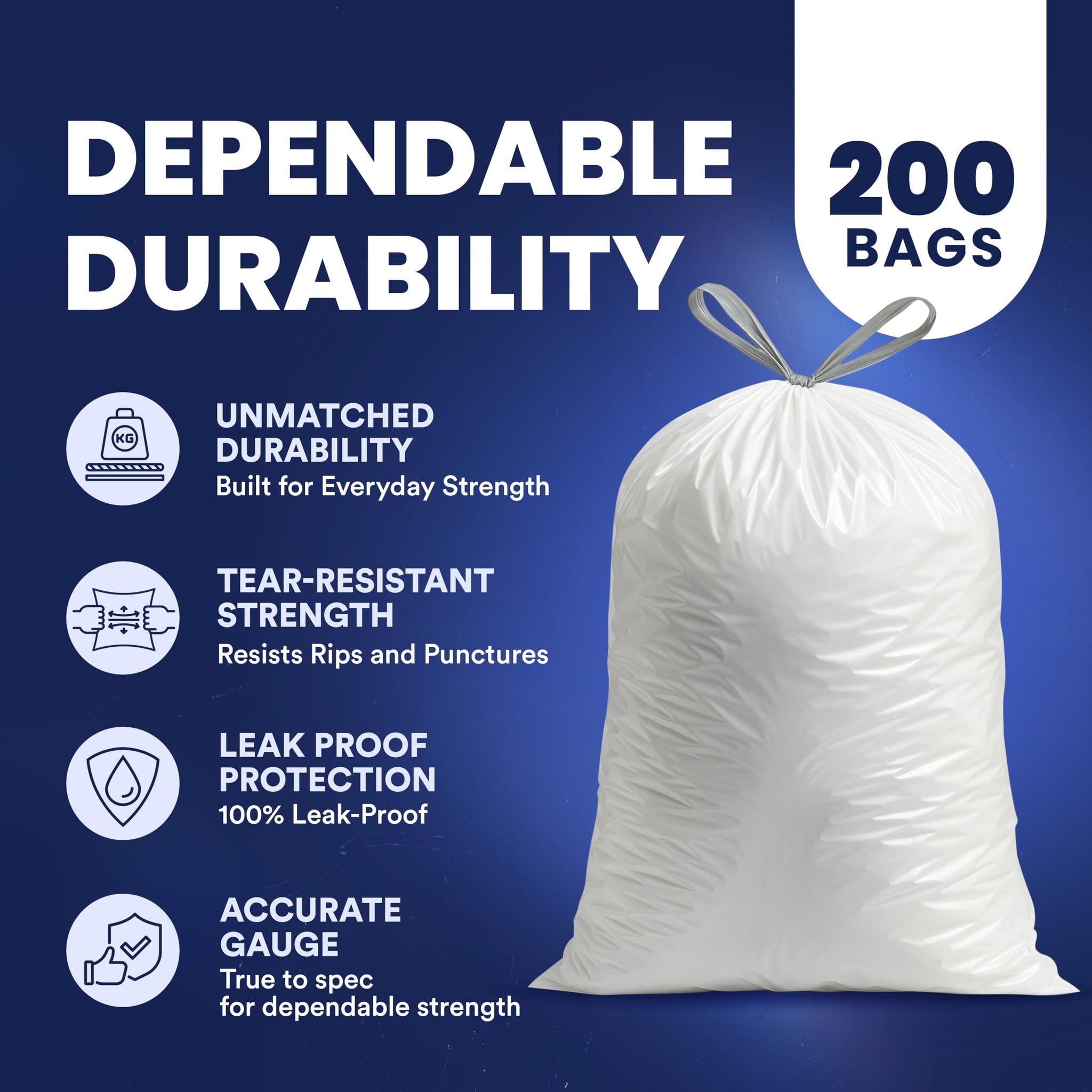 Plasticplace 4 Gallon White Drawstring Trash Bags, 200 Count (Pack of 1) - 0.7 Mil Leak-Proof Garbage Liners for Small Trash Can, Bathroom, Kitchen
