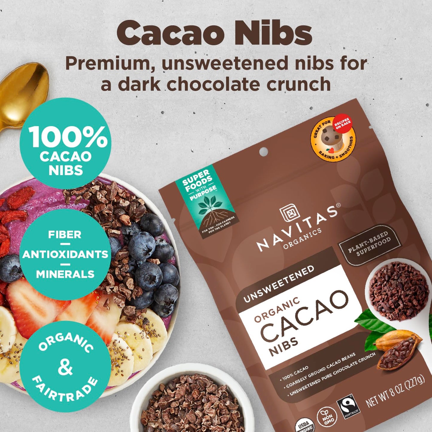 Navitas Organics Cacao Nibs - Unsweetened Dark Chocolate Crunch - Antioxidants, Minerals, Fiber - For Trail Mix, Baking & More - USDA Organic, Fairtrade, Non GMO, Gluten Free, Non-alkalized (8oz. Bag 76 Servings)