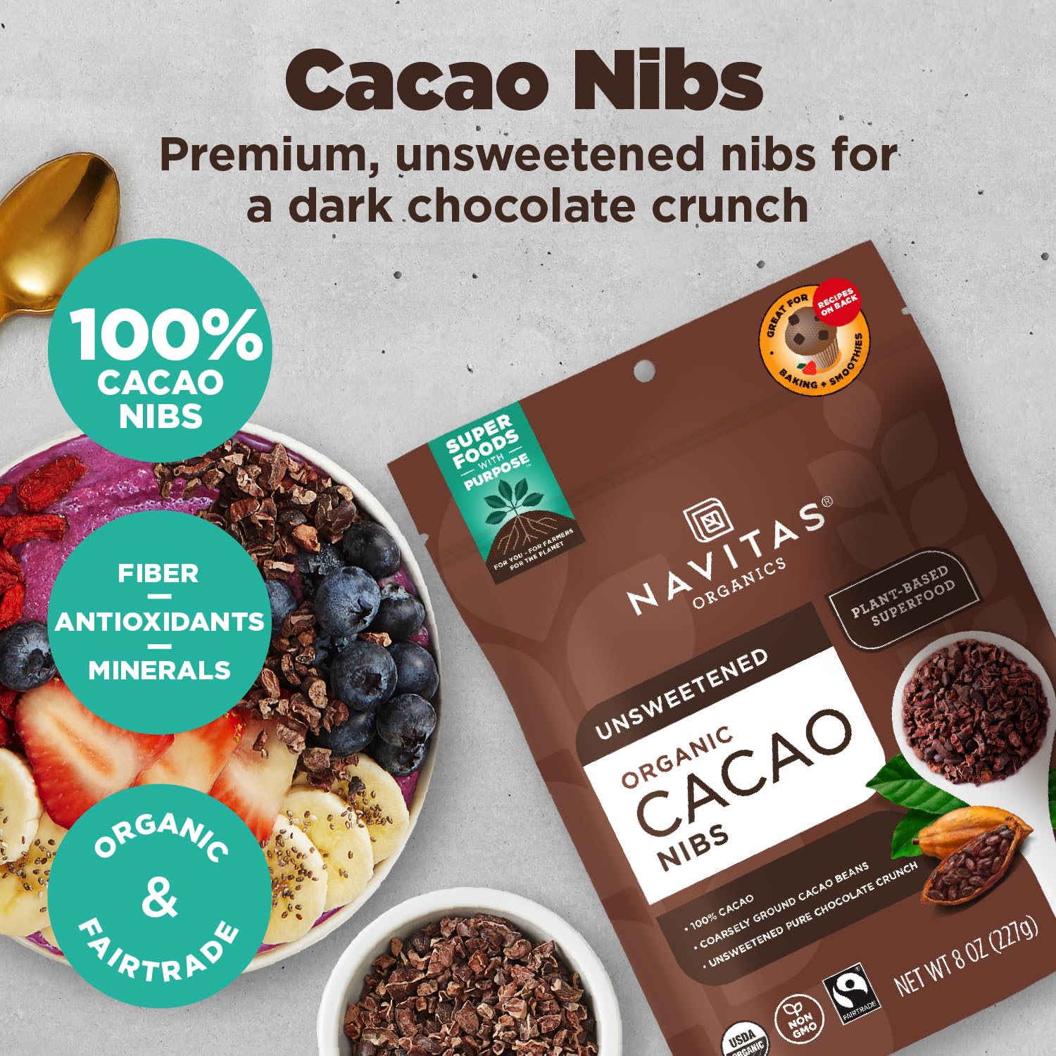 Navitas Organics Cacao Nibs - Unsweetened Dark Chocolate Crunch - Antioxidants, Minerals, Fiber - For Trail Mix, Baking & More - USDA Organic, Fairtrade, Non GMO, Gluten Free, Non-alkalized (8oz. Bag 76 Servings)