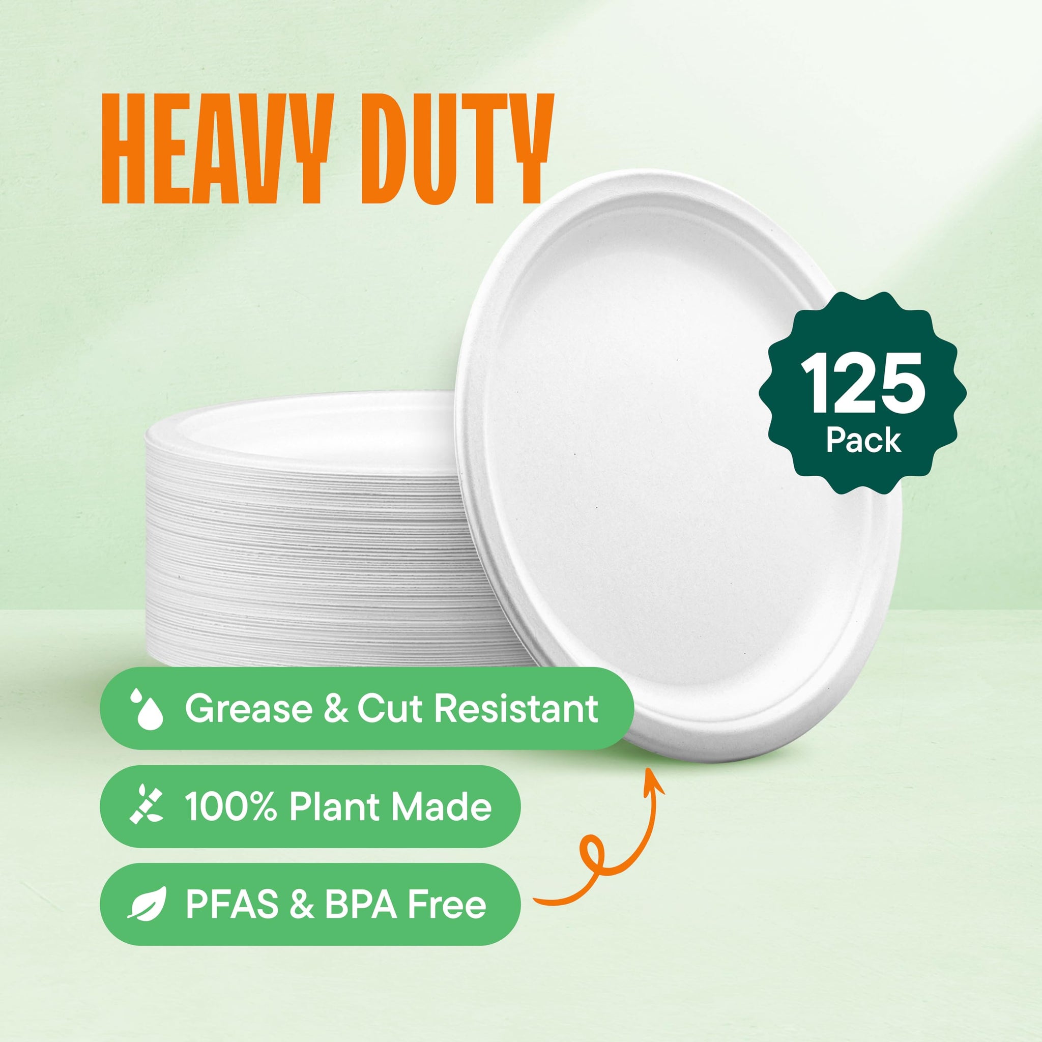 100% Compostable Disposable Paper Plates [125-Pack] - (PFAS-Free) - [10 Inch] Heavy Duty, Eco-Friendly, Biodegradable Bagasse Dinner Plates - Natural