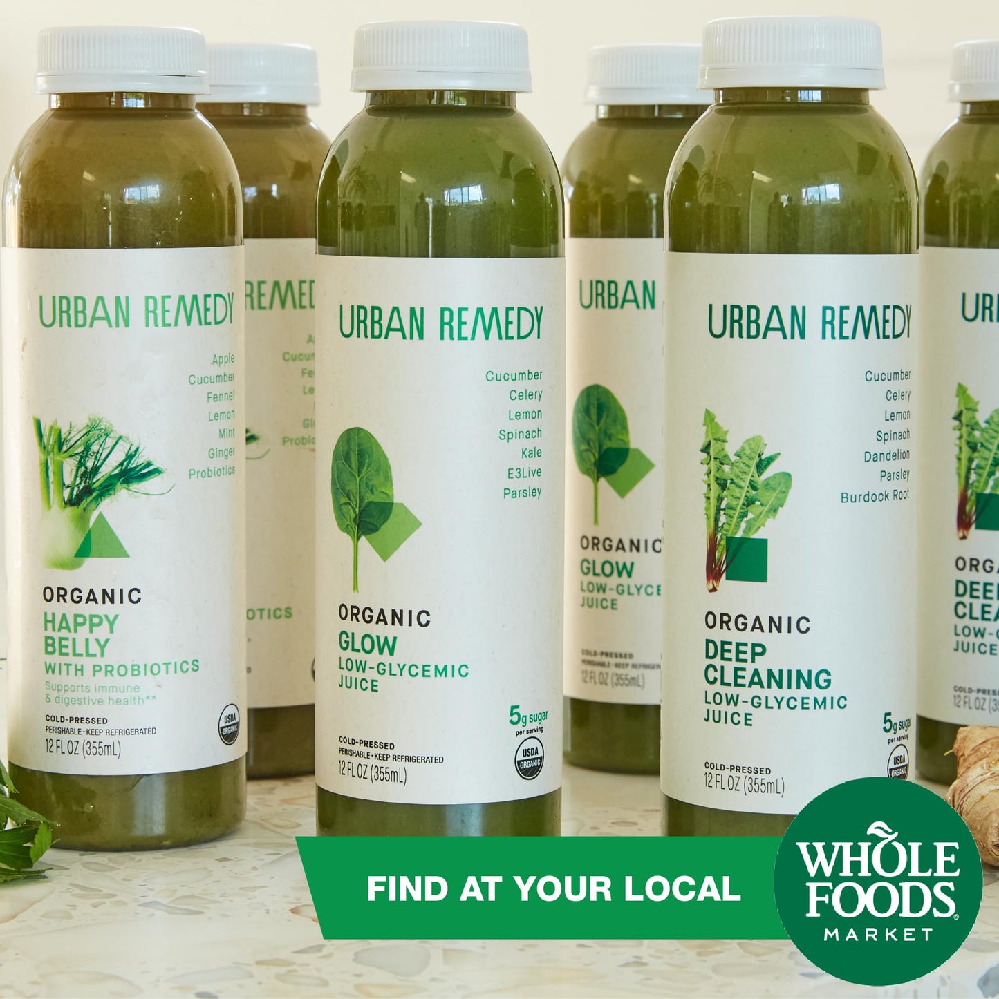 Urban Remedy Glow Organic Green Juice, Cold-Pressed, 12 fl oz, Cucumber, Celery, Kale, Lemon & E3Live Blend, Low Calorie Superfood Juice, Organic