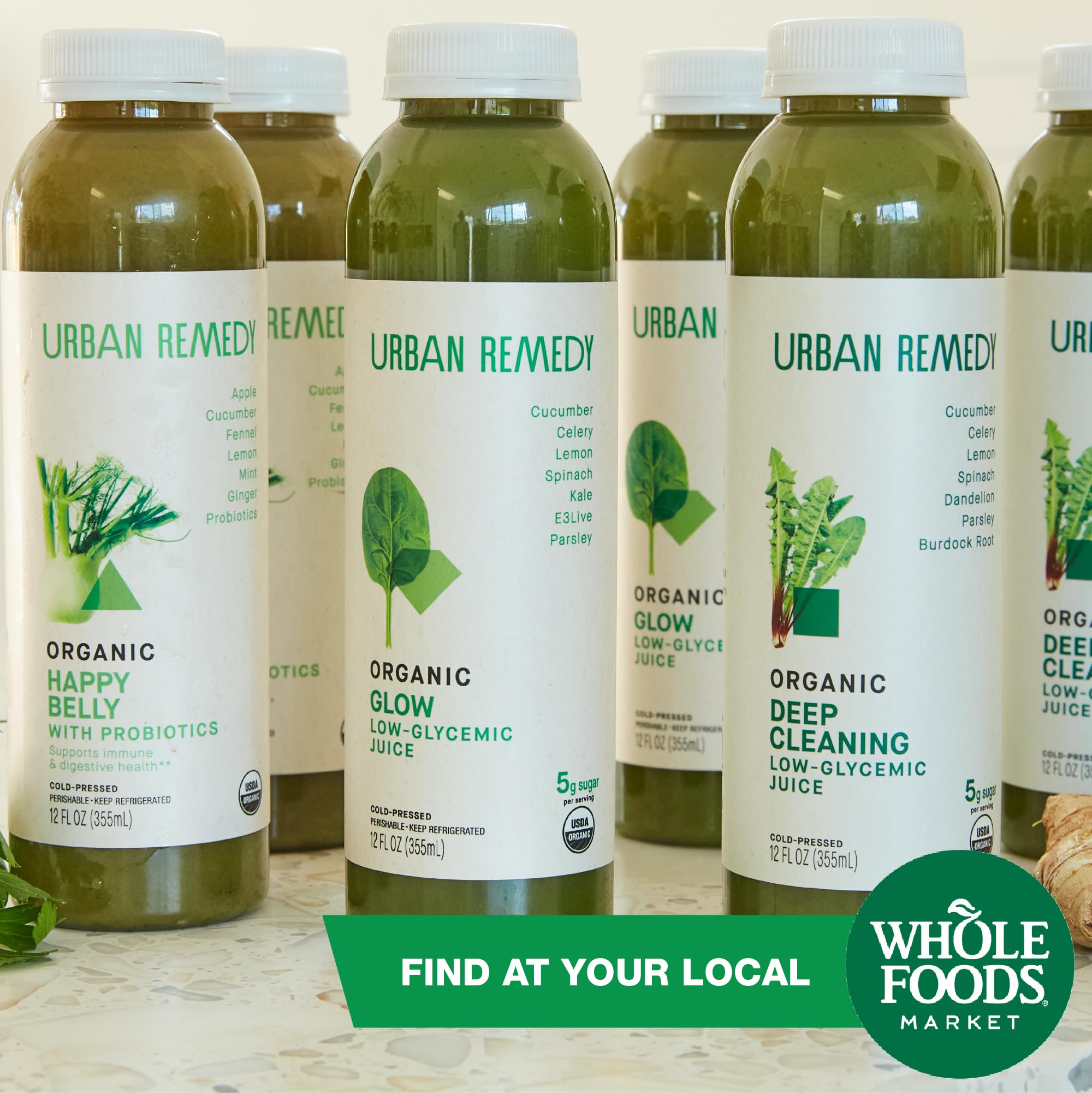 Urban Remedy Glow Organic Green Juice, Cold-Pressed, 12 fl oz, Cucumber, Celery, Kale, Lemon & E3Live Blend, Low Calorie Superfood Juice, Organic