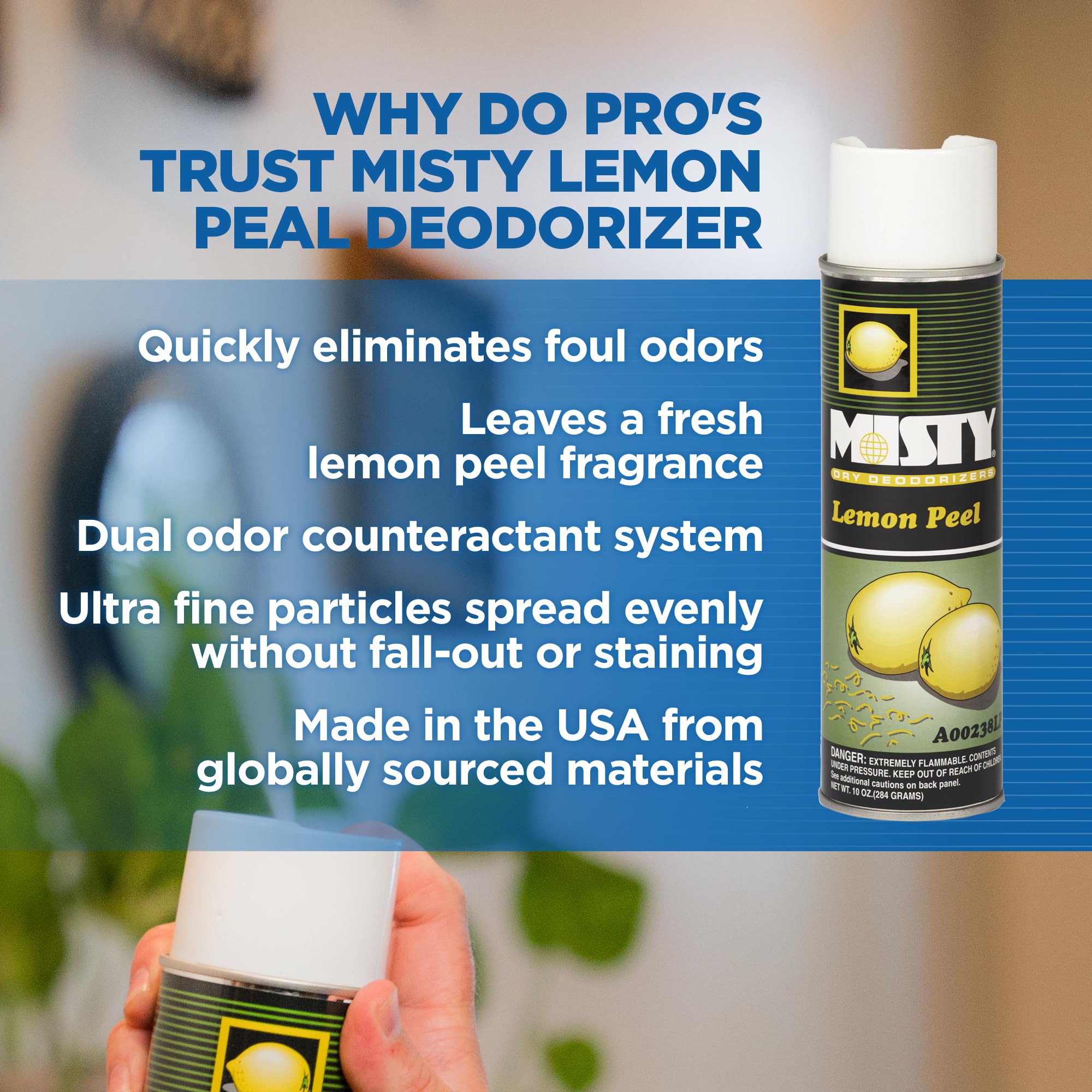 Misty Air Freshening Deodorizing Spray - Lemon Peel - 10 oz (Case of 12) - 1001842 - Premium Odor Neutralizer for Smoke, Organic Decay, and Other