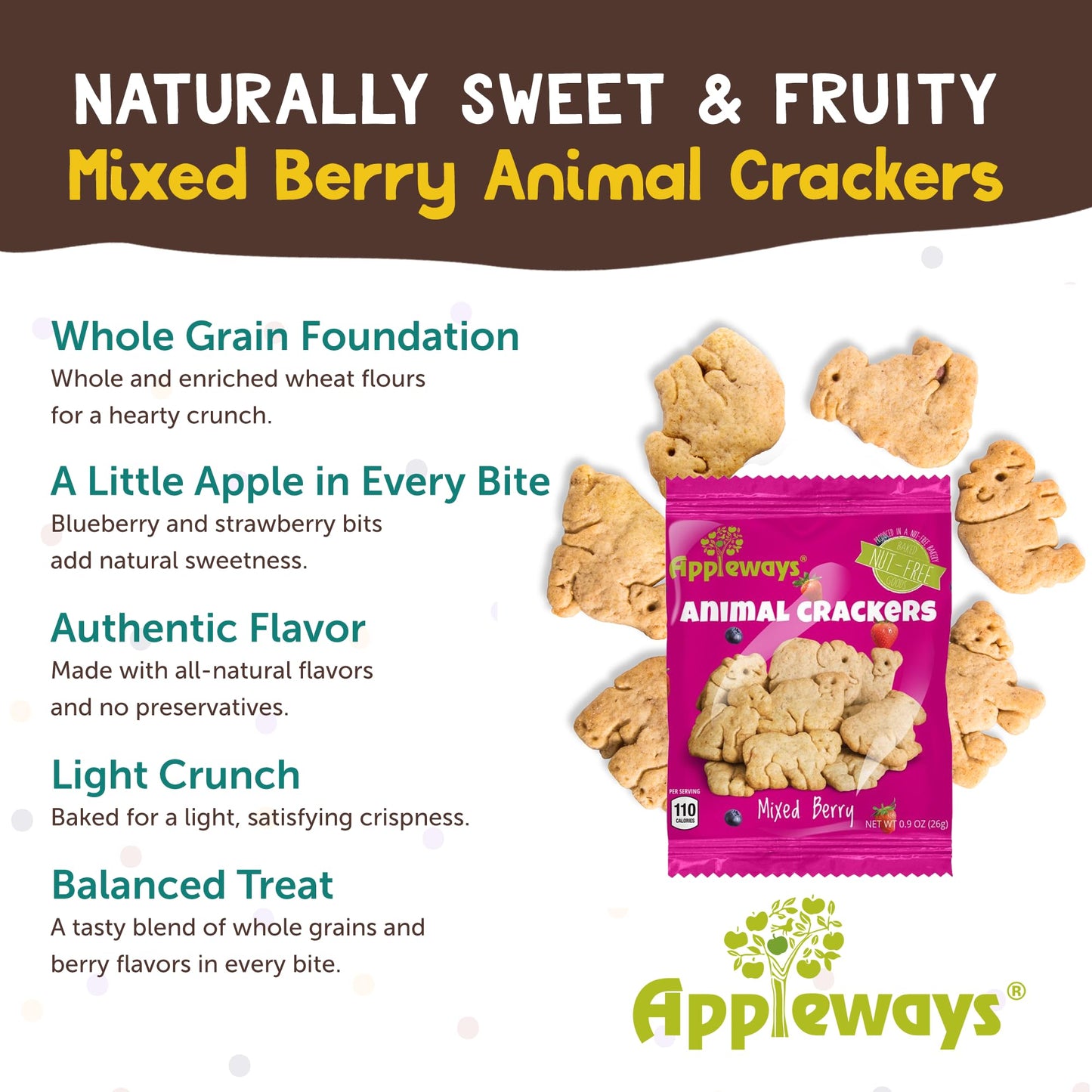 Appleways Mixed Berry Animal Crackers Snack Packs, 0.9 oz, 20 Count - Crispy Whole Grain Crackers, Individually Wrapped Snacks for School, Office