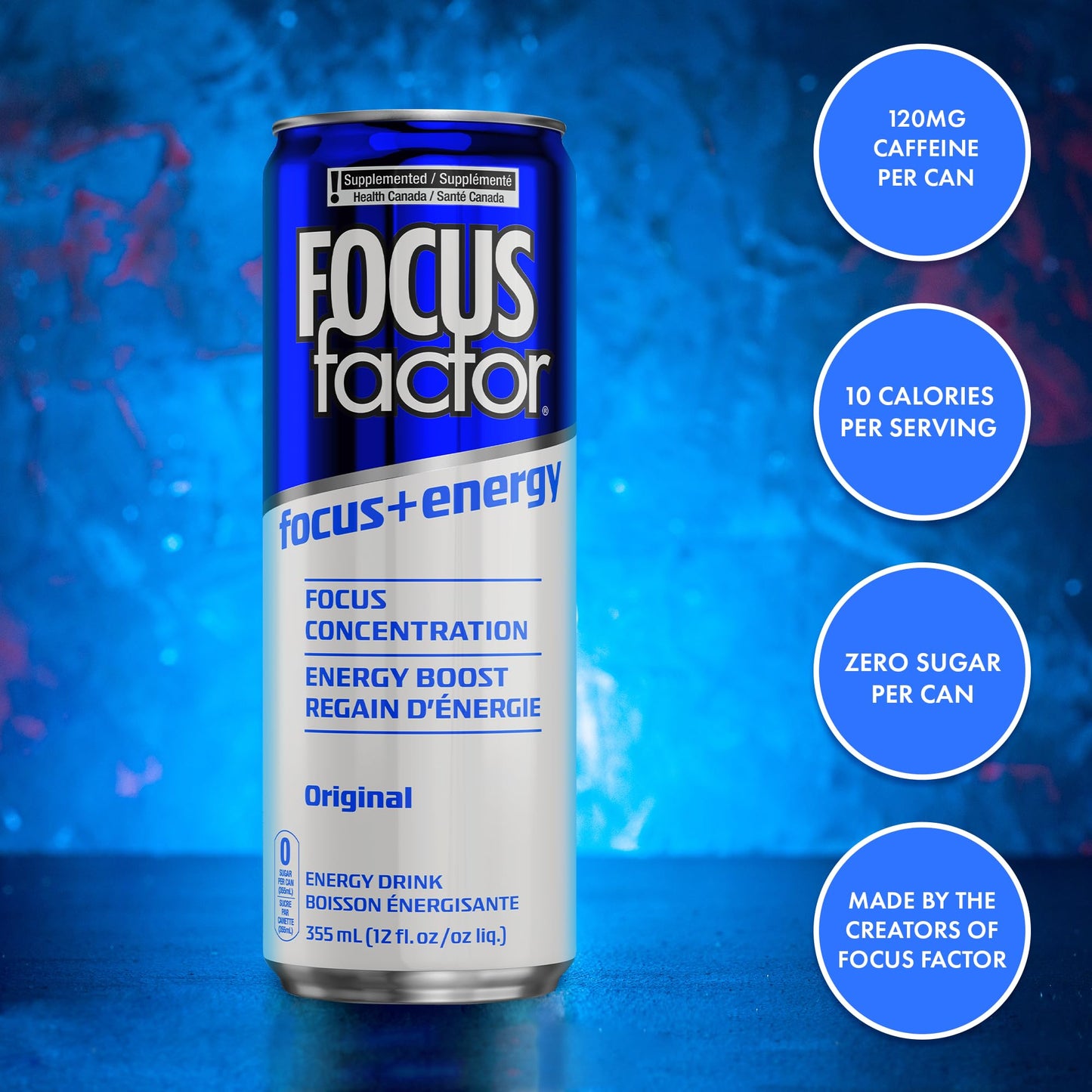 Focus Factor Energy Drink - 12 x 355ml Cans (Original Flavour) - with Focus + Energy - Lightly Carbonated, Sugar Free, Low Calorie with Vitamins B6