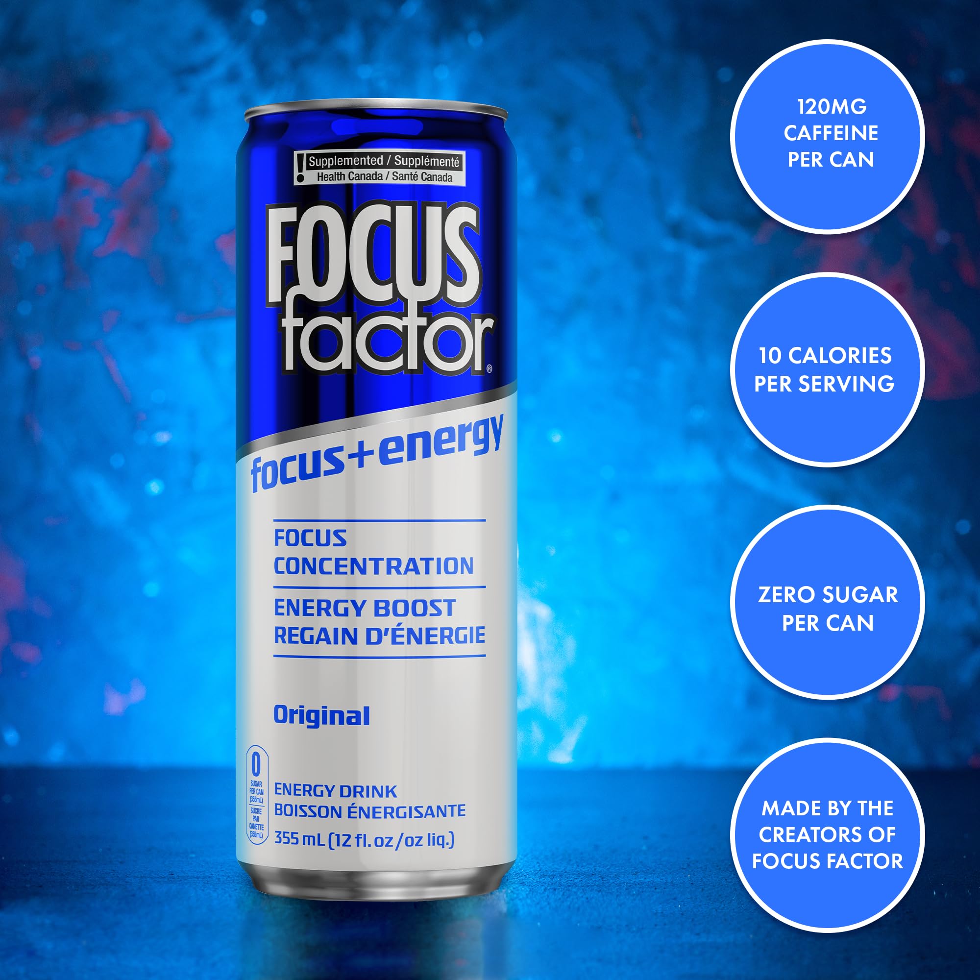 Focus Factor Energy Drink - 12 x 355ml Cans (Original Flavour) - with Focus + Energy - Lightly Carbonated, Sugar Free, Low Calorie with Vitamins B6