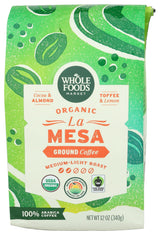 Whole Foods Market, Organic La Mesa Medium-Light Roast Ground Coffee, Cocoa, Almond, Toffee & Lemon, 12 Ounce
