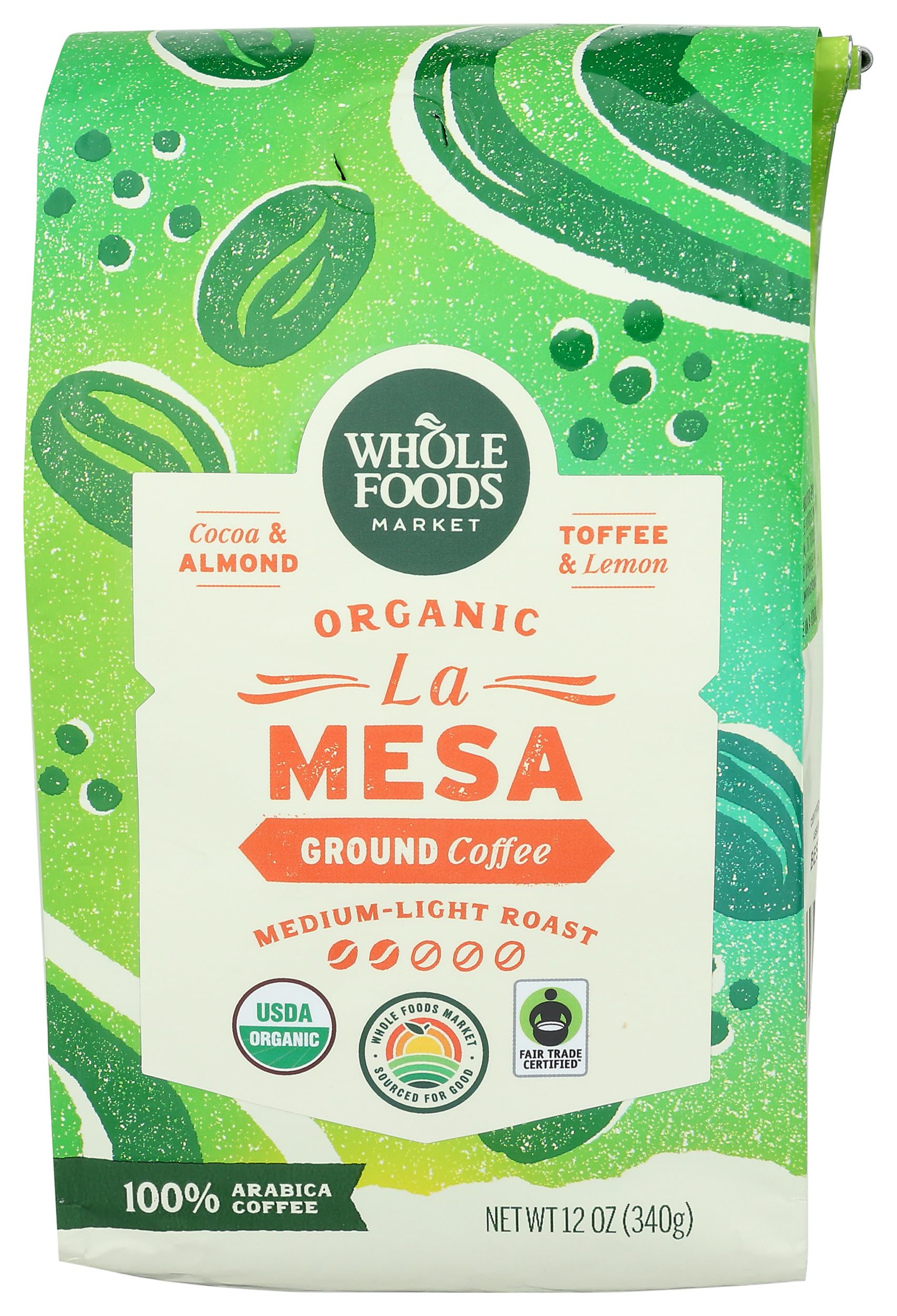 Whole Foods Market, Organic La Mesa Medium-Light Roast Ground Coffee, Cocoa, Almond, Toffee & Lemon, 12 Ounce