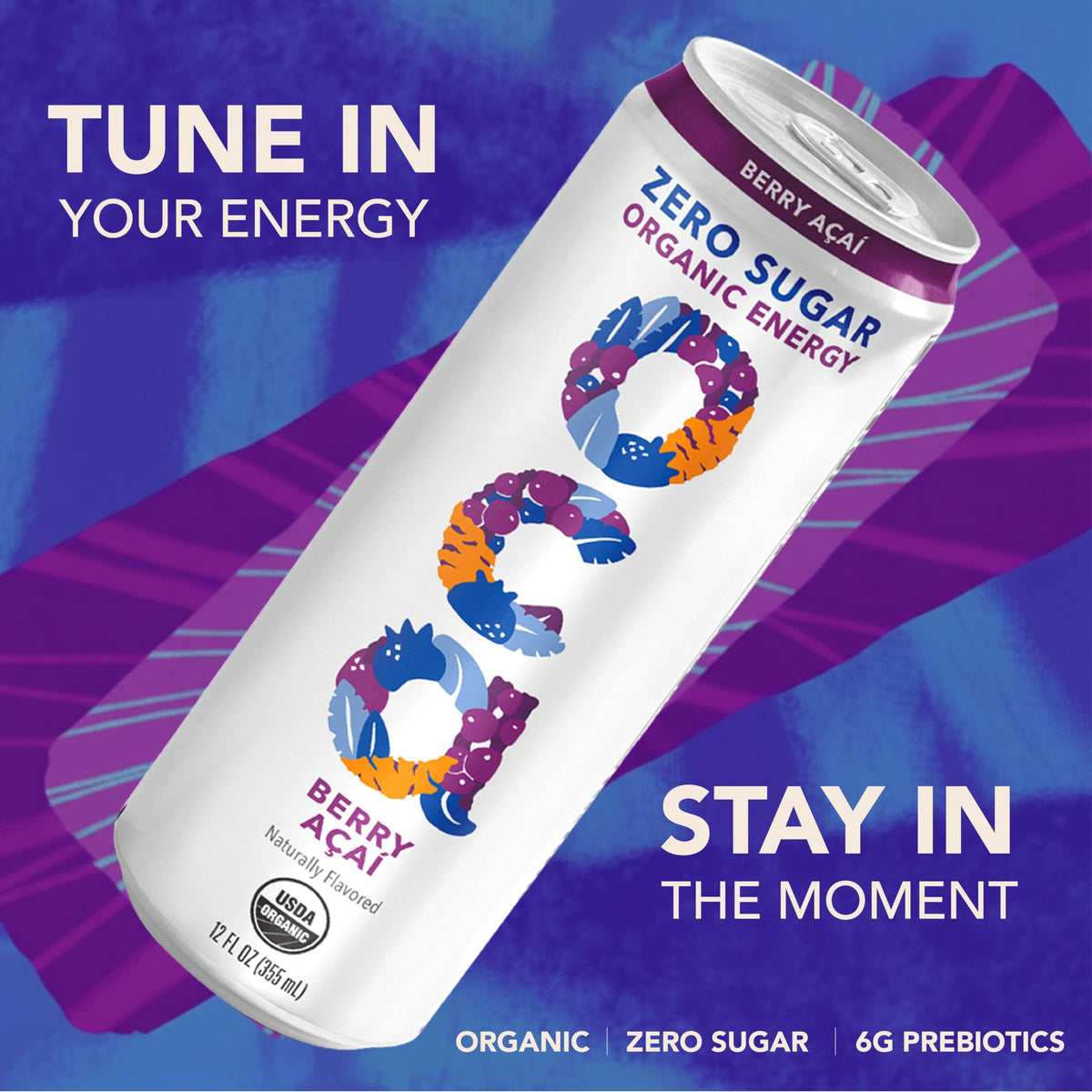 OCA ZERO Berry Acai, Organic energy drink, zero sugar, gluten-free, vegan plant-based, 12 Fl Oz (12 pack)