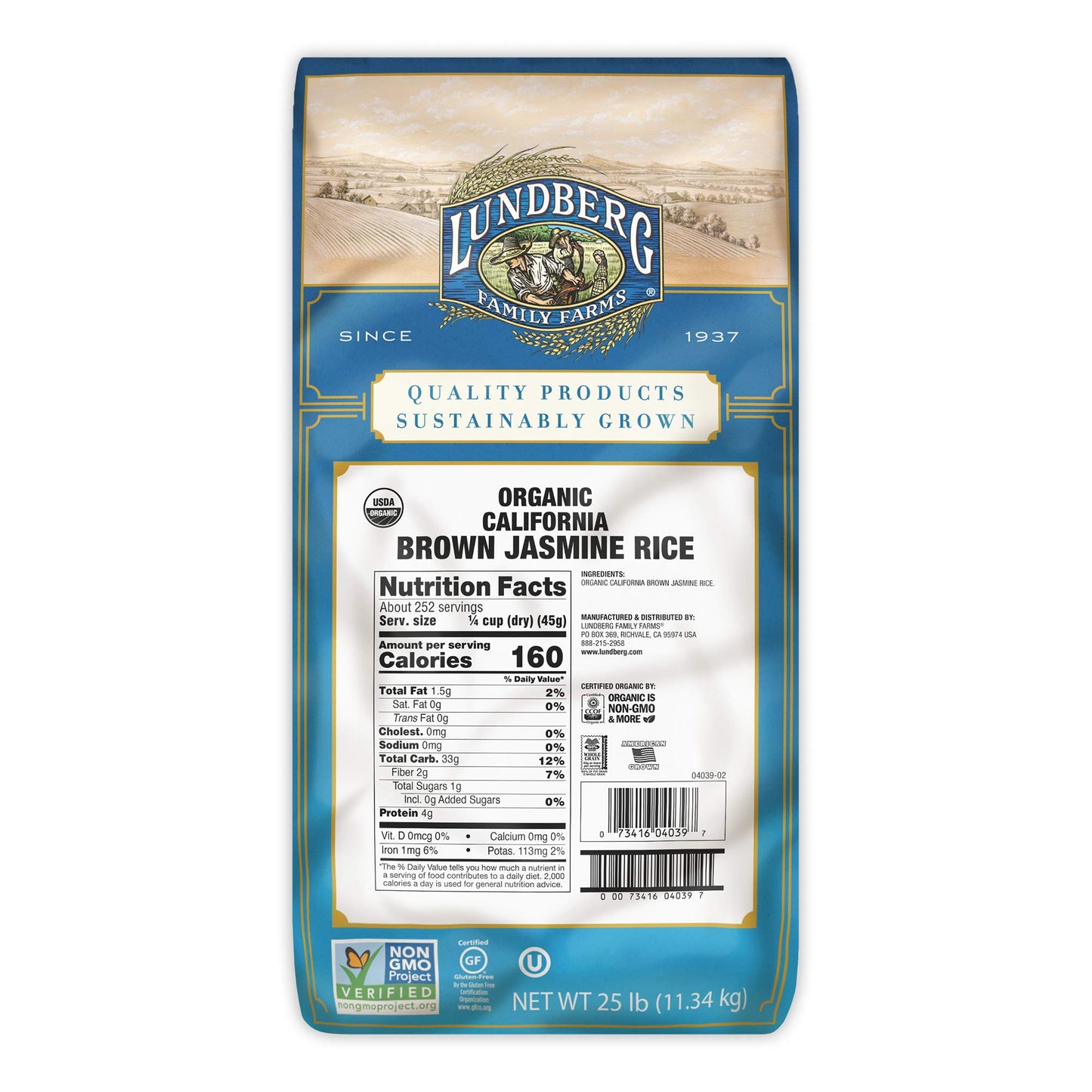 Lundberg Family Farms - Organic California Brown Jasmine Rice, Herbaceous Scent, Clings When Cooked, Bulk Rice, 100% Whole Grain, Gluten-Free, Non-GMO, USDA Certified Organic, Vegan (25 lb)