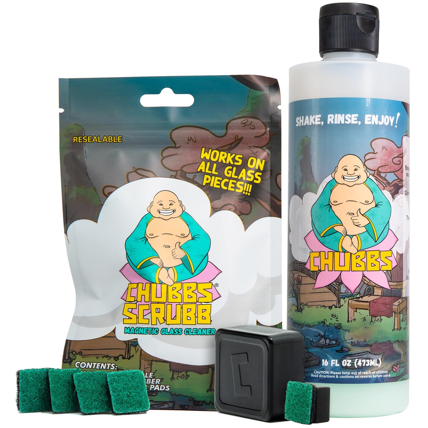 Chubbs Scrubb Magnetic Glass Cleaner with 16oz Glass Cleaning Solution Bundle - Includes Magnet Glass Cleaner & Cleaning Solution | Removes Tough
