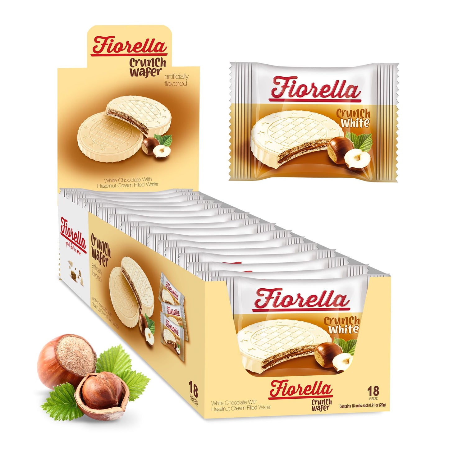 Fiorella Crunch White Chocolate Wafer Cookies, 18 Count, Chocolate Covered Crispy Thin Wafers with Layers of Hazelnut Cream Filling, Individually