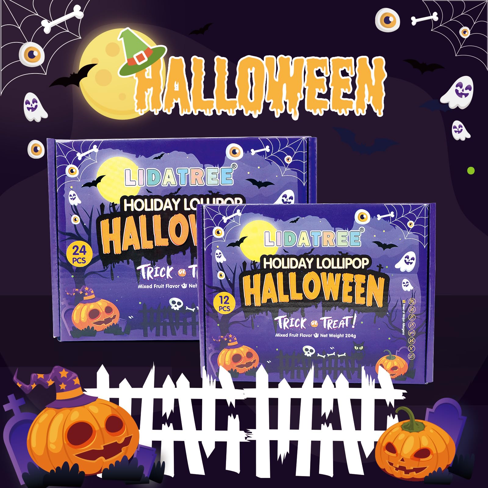 Halloween Lollipop Suckers Individually Wrapped Bulk - Spooky Candy Lollipops - Pumpkin, Green Monster, Zombie, Haunted House Candies for Kids