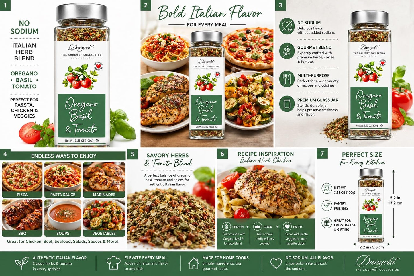 Dangold Gourmet Collection Oregano Basil &Tomato Spice Blend, No Sodium Seasoning Mix, Italian Herb Blend for Pasta,Chicken, Vegetables & Marinades