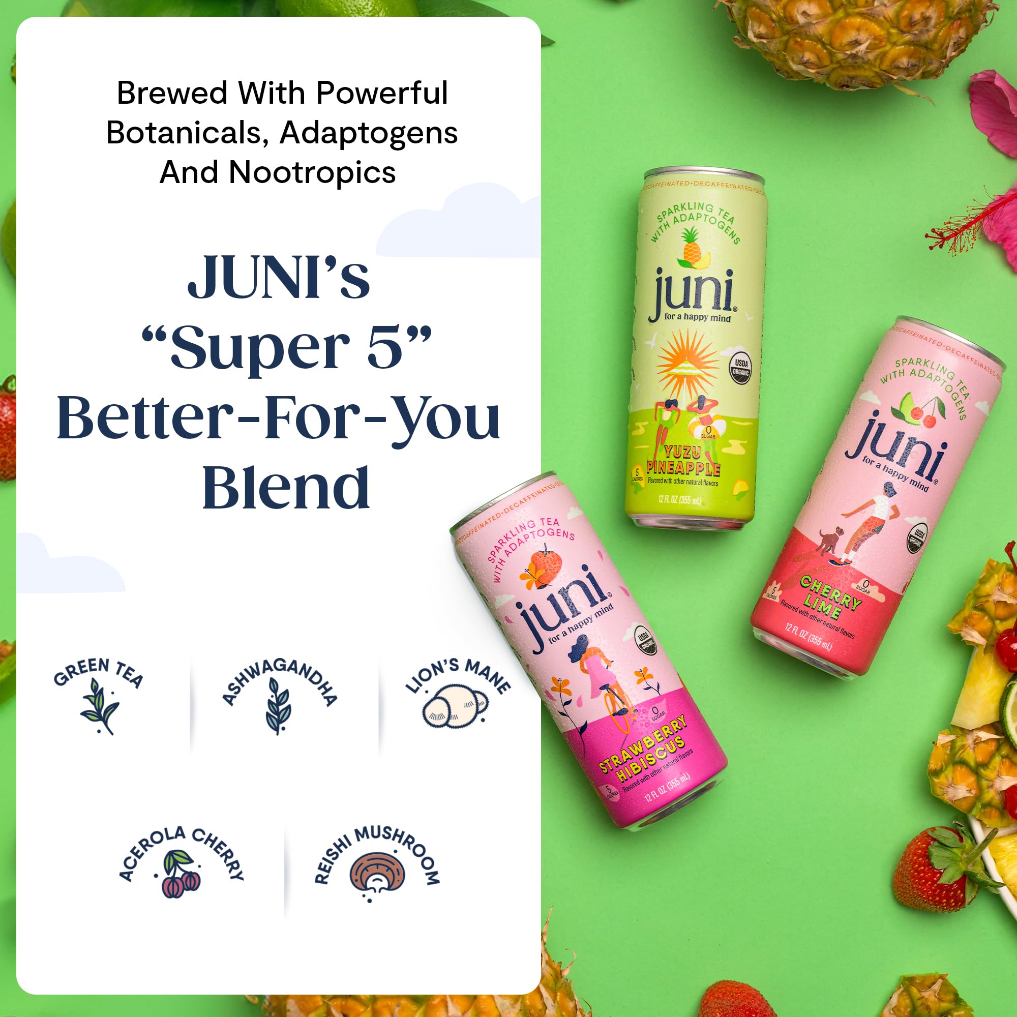 Juni Sparkling Adaptogen Drink with Ashwagandha, Lion’s Mane & Reishi Mushrooms | Green Tea for Focus, Zero Sugar, 5 Calories | Decaffeinated, Non