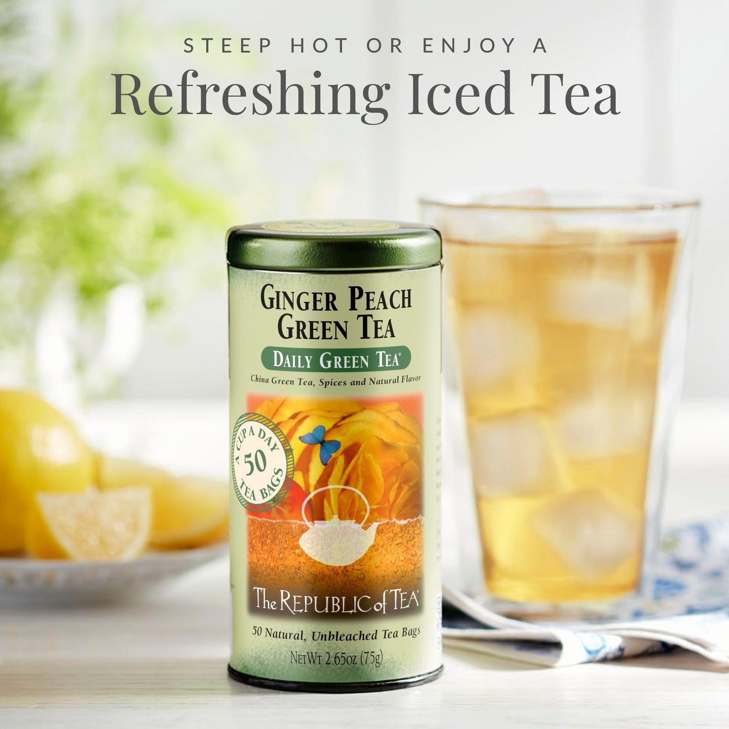 The Republic of Tea - Ginger Peach Green Tea, 50 Tea Bags, Tin | Flavored Fruit Tea | Caffeinated