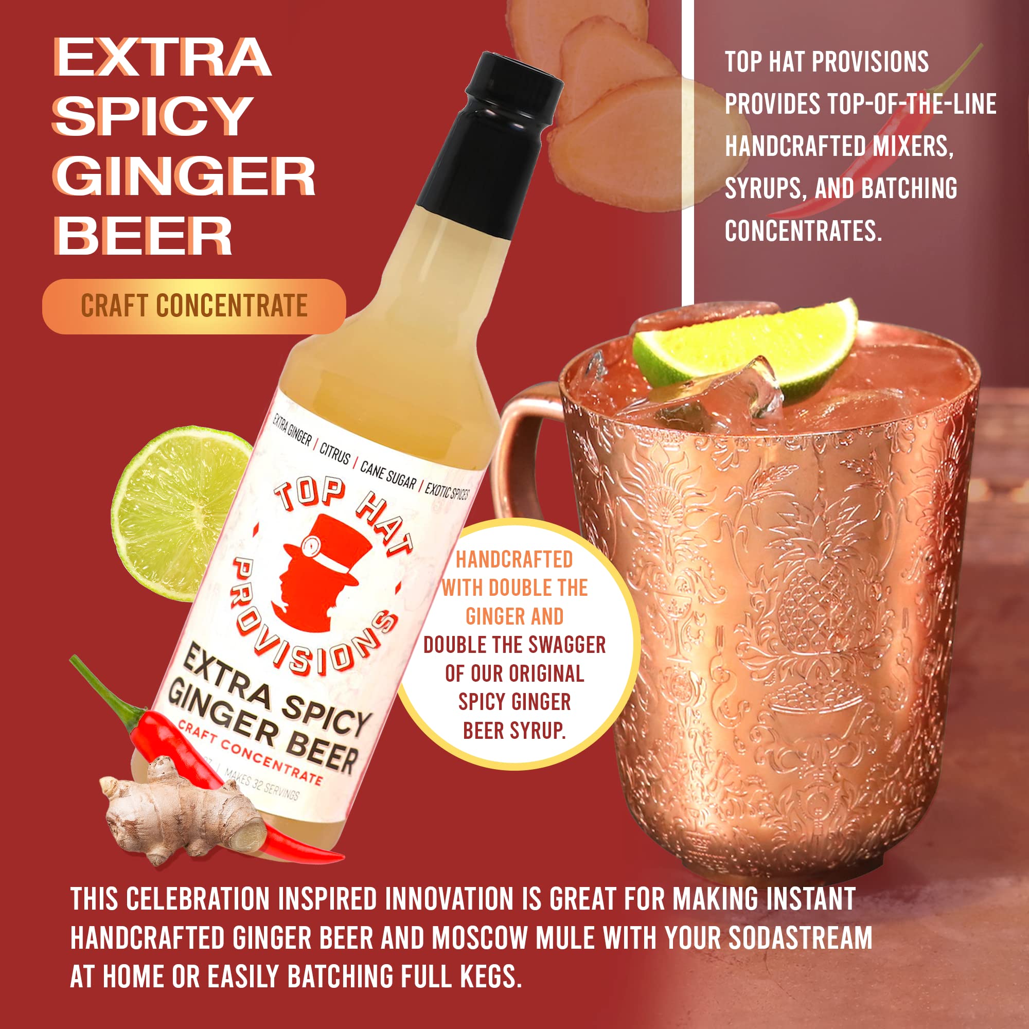 Top Hat Extra Spicy Ginger Beer Syrup - Spicy Ginger Syrup for Soda Makers - Makes 32 Craft Sodas, Mules, Cocktails, Mocktails - Compatible