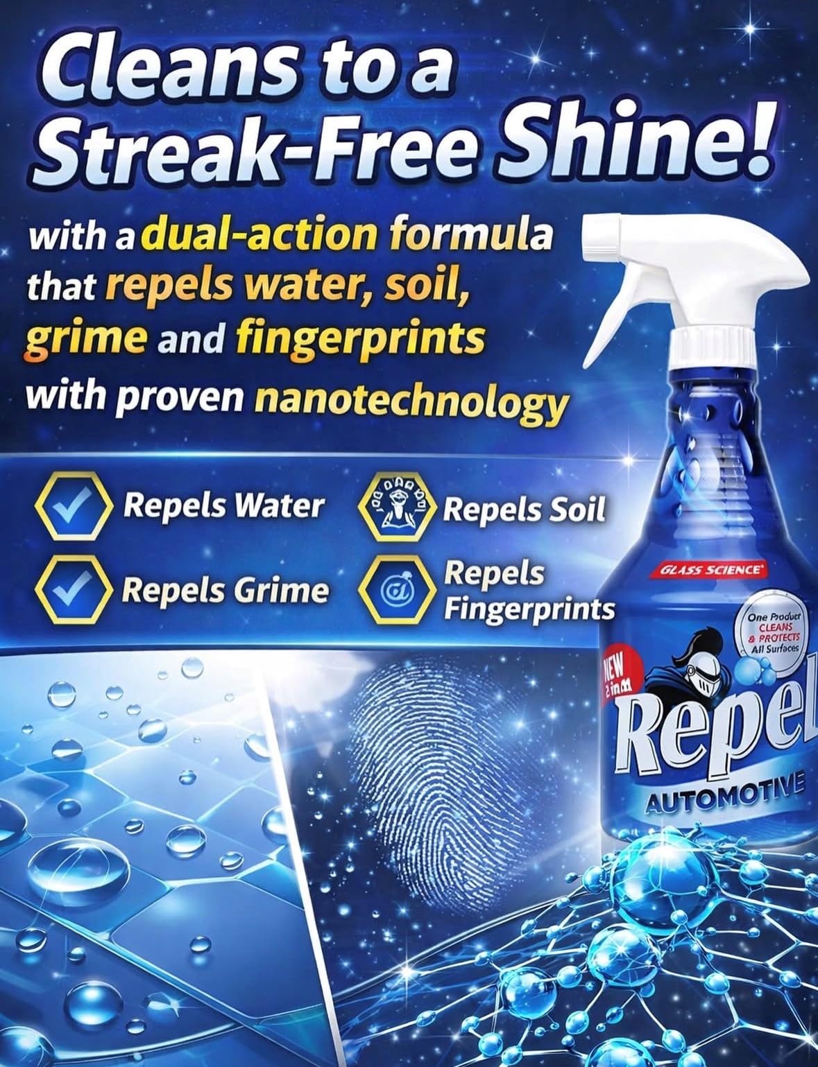 Repel Auto Glass Cleaner, Streak-Free with Protective Nano Barrier. Minerals, & Grime. Makes Glass Self-Cleaning. Safe & Non-Toxic - 32 oz