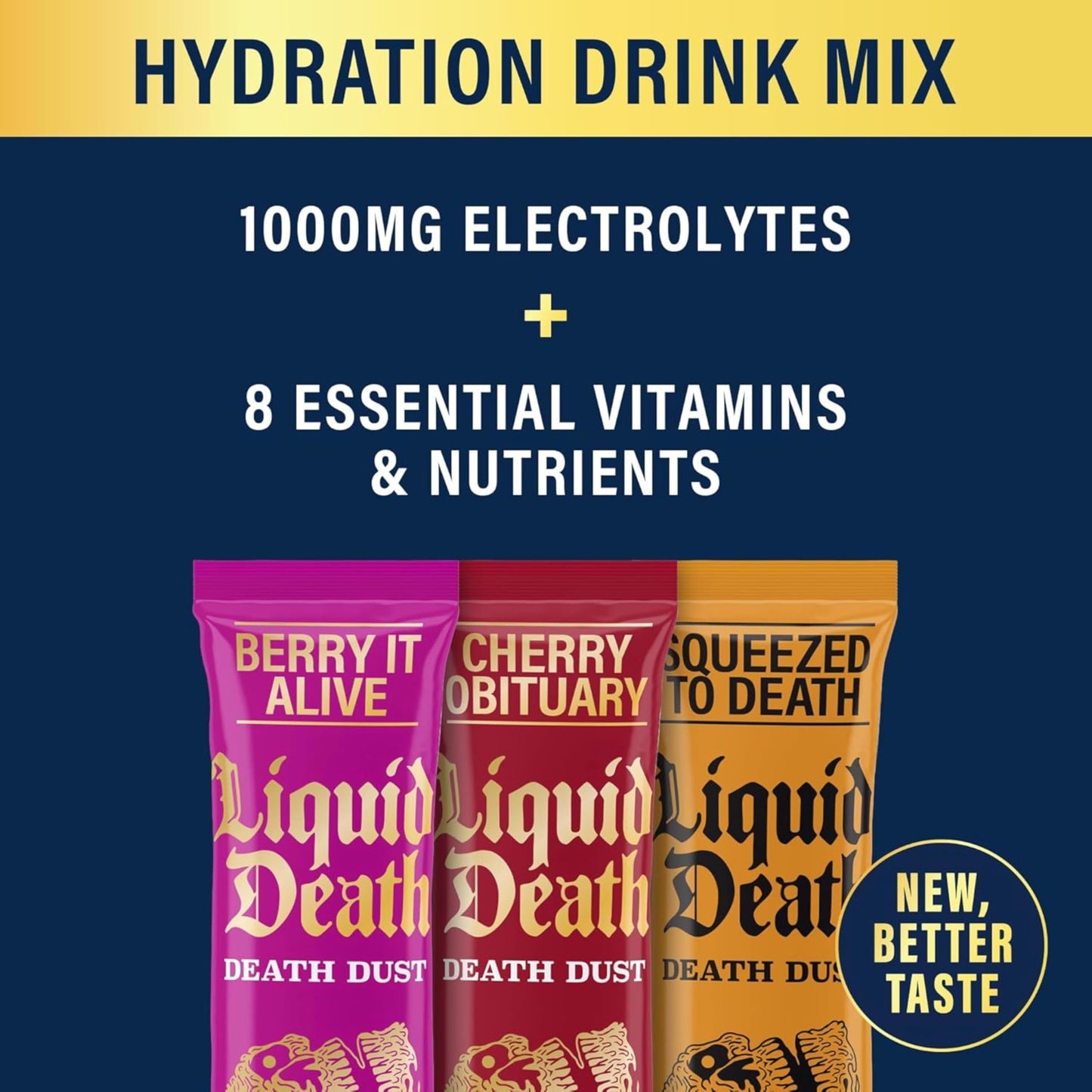 Liquid Death Electrolyte Death Dust, Berry It Alive, Cherry Obituary & Squeezed To Death Hydration Powder, Essential Vitamins Variety Packets, 6 pack