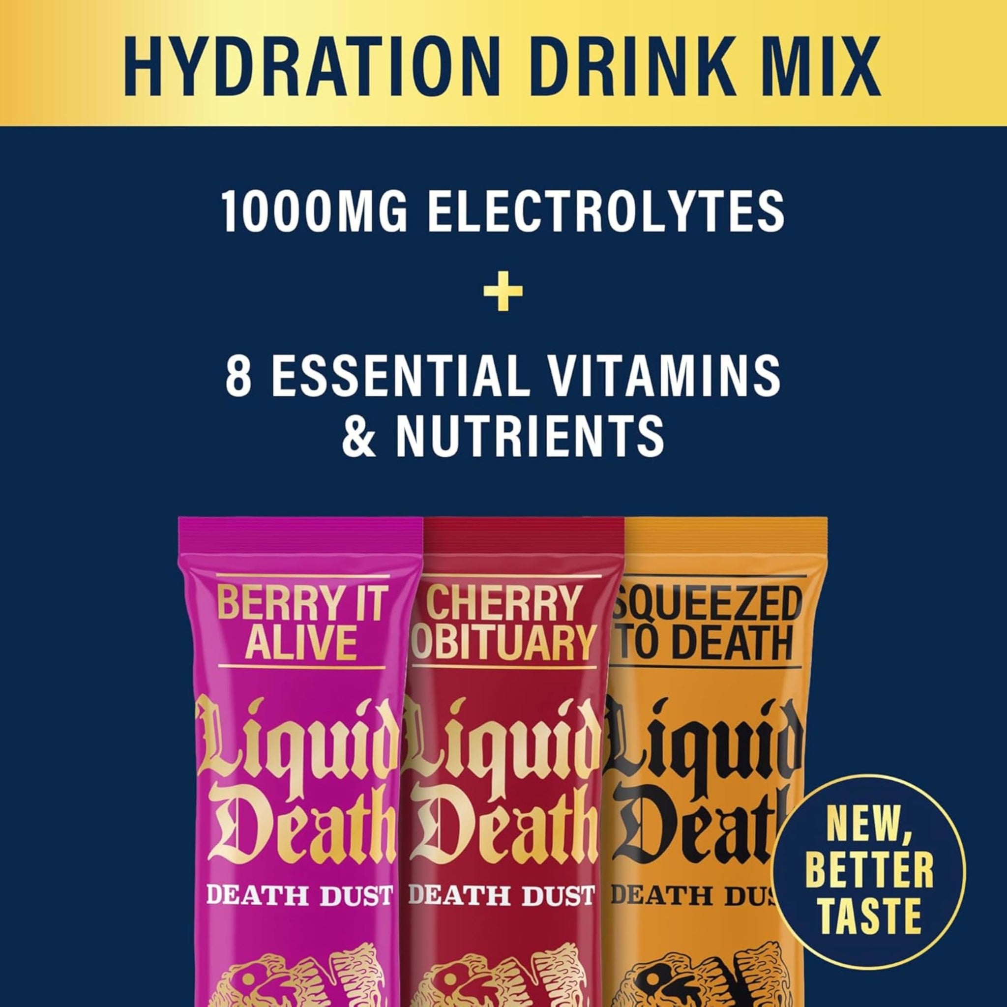 Liquid Death Electrolyte Death Dust, Berry It Alive, Cherry Obituary & Squeezed To Death Hydration Powder, Essential Vitamins Variety Packets, 6 pack