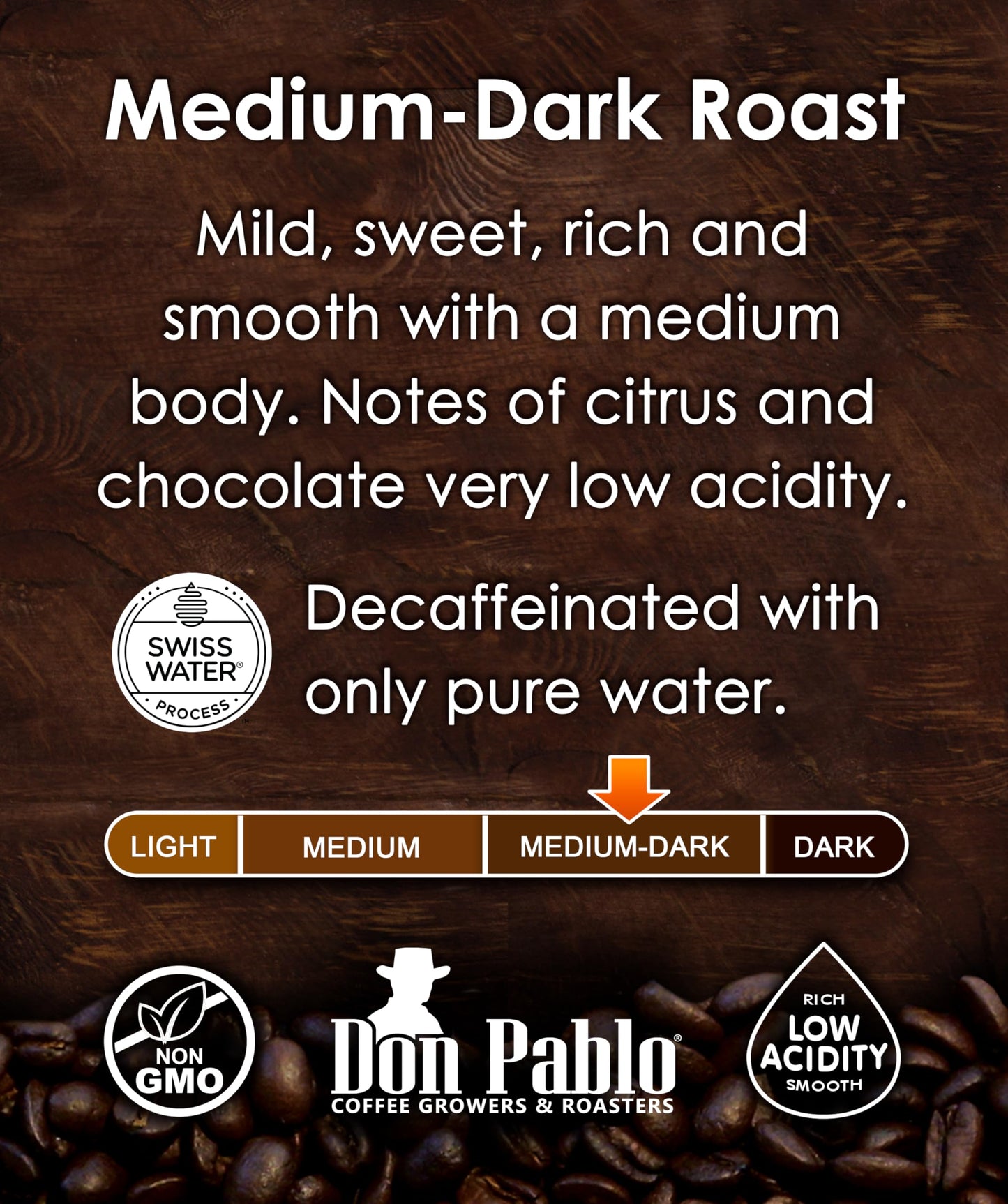 Don Pablo Colombian Decaf - Swiss Water Process Decaffeinated - Medium-Dark Roast Gourmet Coffee - 100% Arabica Whole Bean, Non-GMO, Low Acidity, 5