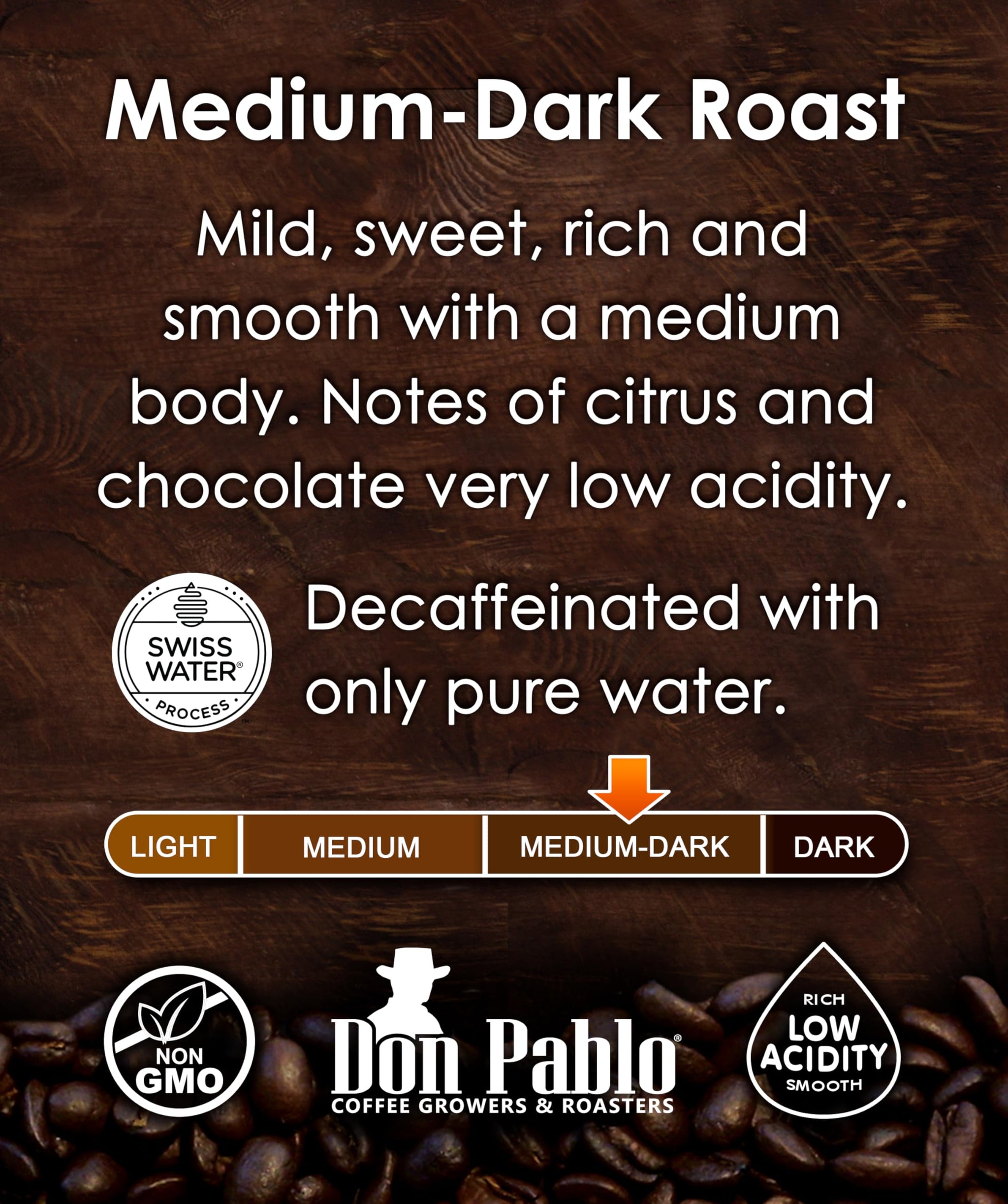 Don Pablo Colombian Decaf - Swiss Water Process Decaffeinated - Medium-Dark Roast Gourmet Coffee - 100% Arabica Whole Bean, Non-GMO, Low Acidity, 5