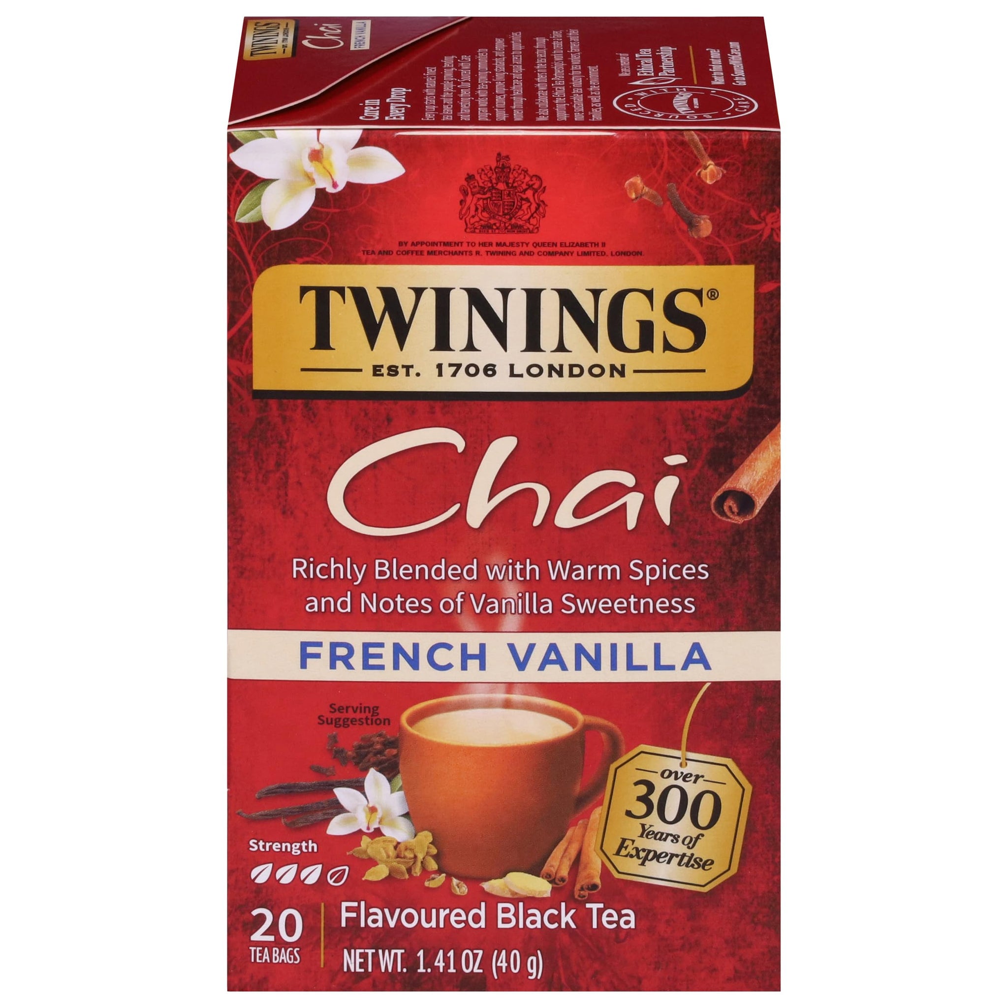 Twinings French Vanilla Chai Black Tea Individually Wrapped Bags, 20 Count (Pack of 1), Warm, Sweet & Spicy, Caffeinated, Enjoy Hot or Iced, 20