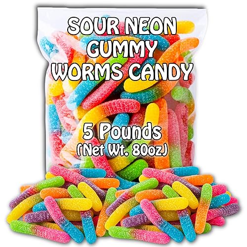 Sour Neon Gummy Worms Candy (5 Pound Bag) Multi-Flavored. Net Wt. 80oz.