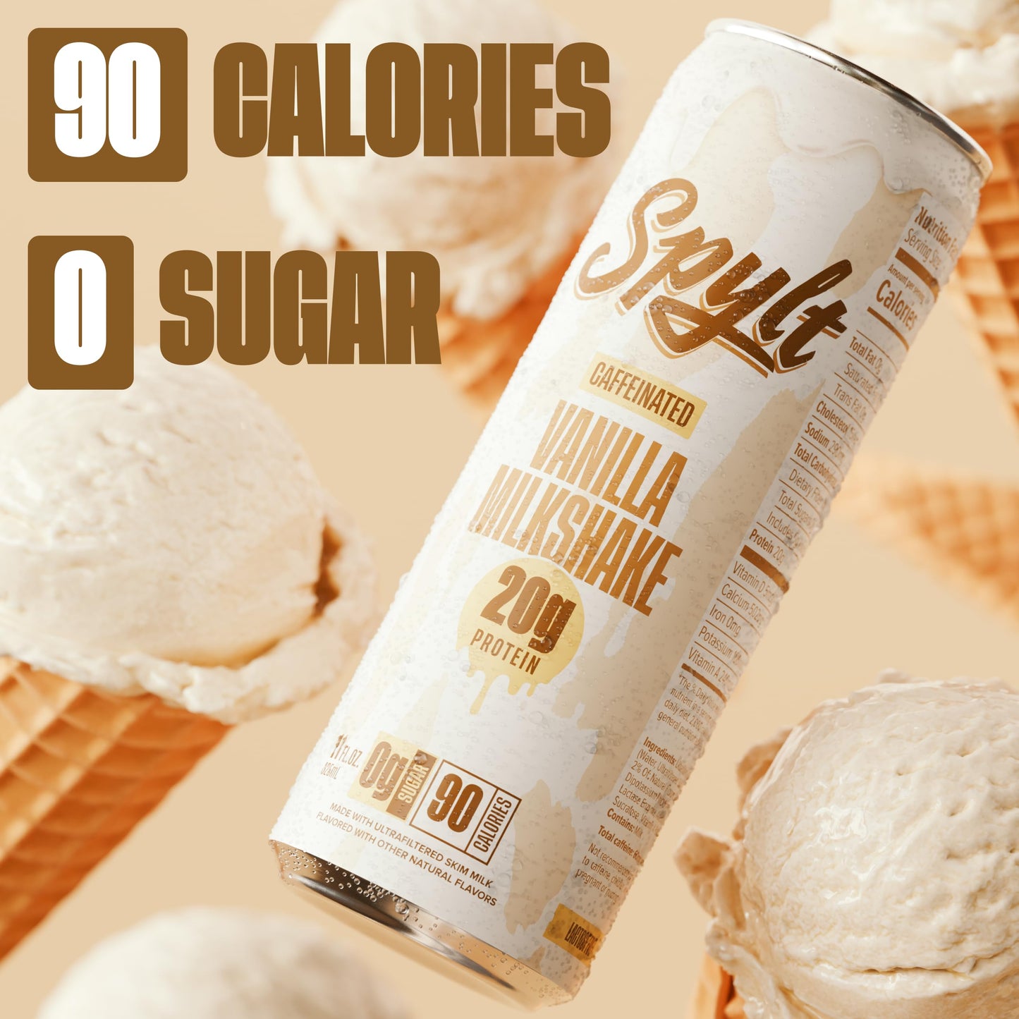 Spylt High Protein Vanilla Milkshake with 60mg Caffeine & 20g Protein - 90 Calories, Ready to Drink, Sugar Free, Lactose Free Milk, Perfect