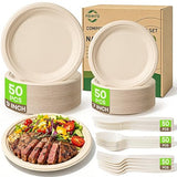 FEHHTO Compostable Paper Plates Set, 250PCS Disposable Heavy-Duty Sugarcane Plate and Eco-Friendly Utensil Biodegradable Dinnerware Plates, Extra Long