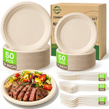 FEHHTO Compostable Paper Plates Set, 250PCS Disposable Heavy-Duty Sugarcane Plate and Eco-Friendly Utensil Biodegradable Dinnerware Plates, Extra Long