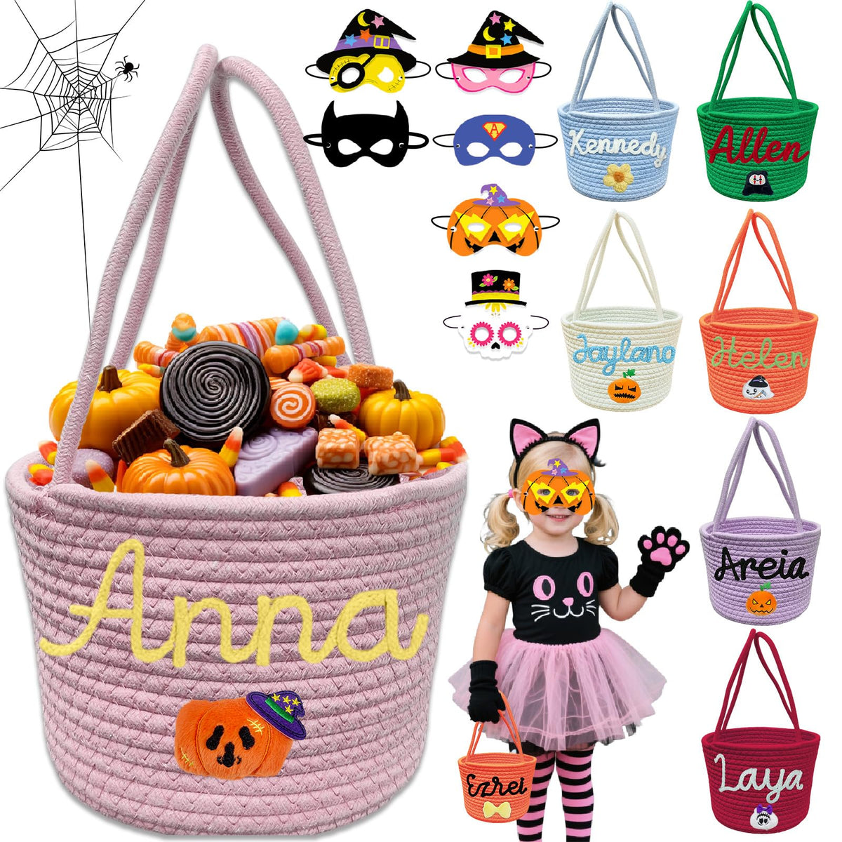Personalized Halloween Basket Trick or Treat Bag Customized Name Custom Halloween Candy Buckets Gift for Boys Girls,Pink