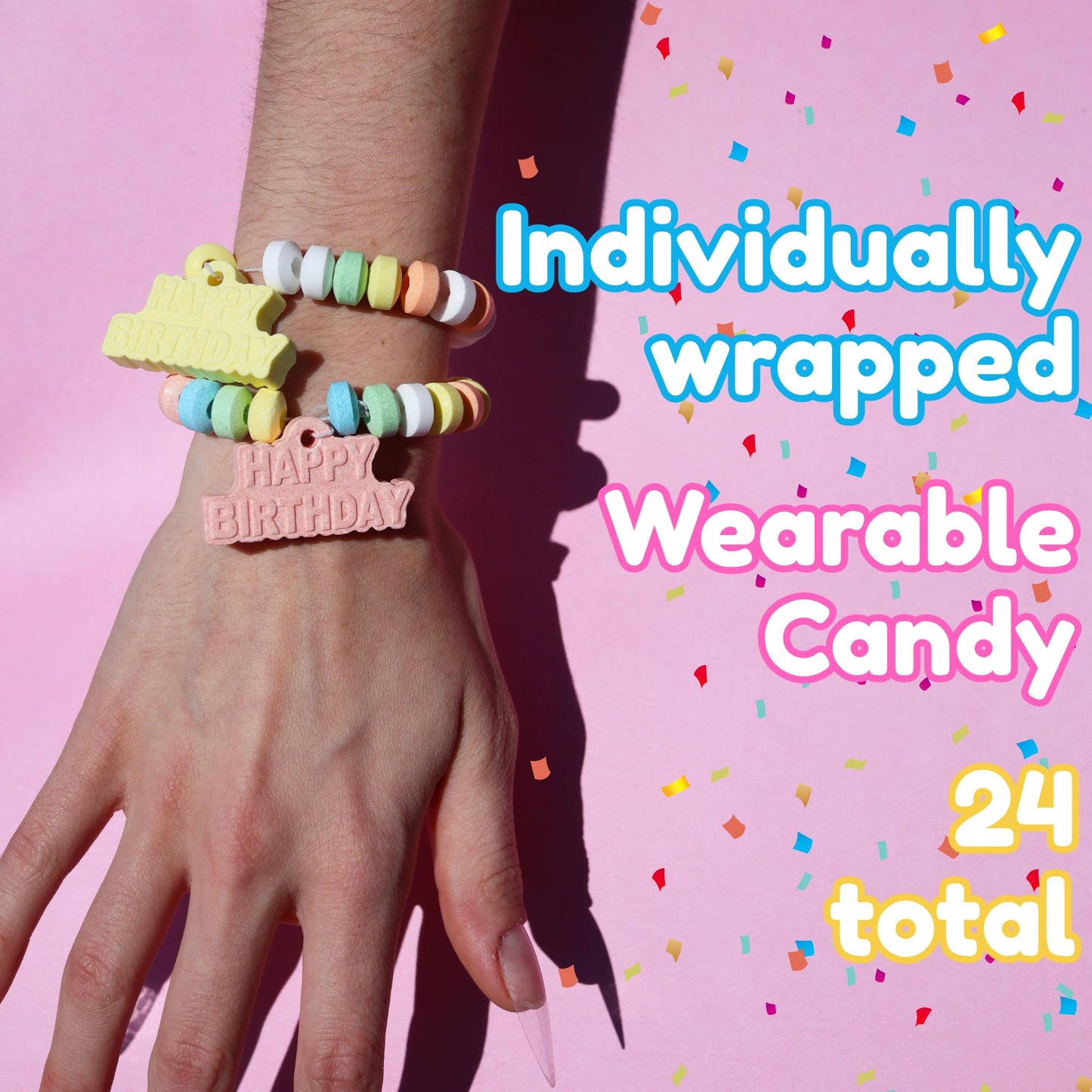 Happy Birthday Candy Bracelets, Individually Wrapped Bulk Party Favors, 24 Pieces Inside, 10.16 Ounces