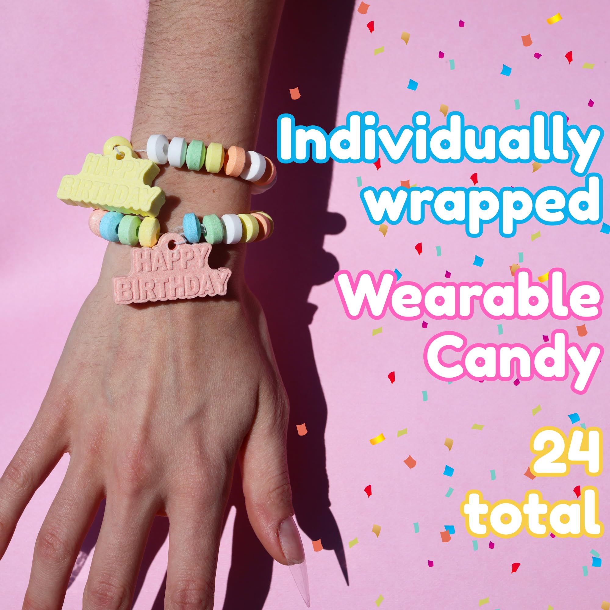 Happy Birthday Candy Bracelets, Individually Wrapped Bulk Party Favors, 24 Pieces Inside, 10.16 Ounces