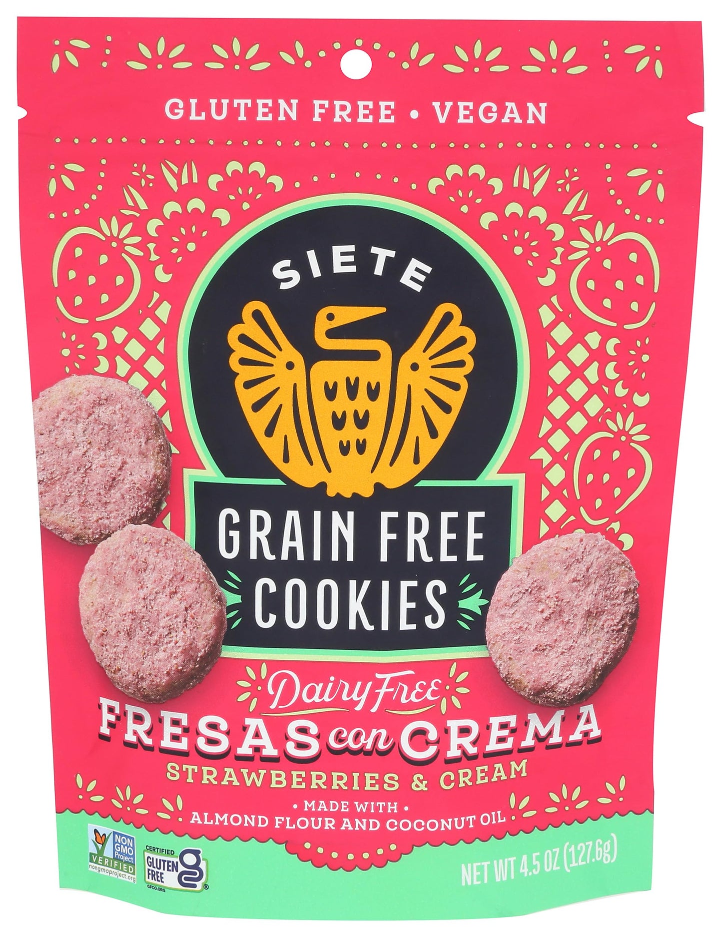Siete Gluten Free Fresas Con Crema Cookies | Vegan | Grain Free | Non GMO | Dairy Free | Made with Almond Flour & Coconut Oil | 4.5 Oz. Bag (Pack