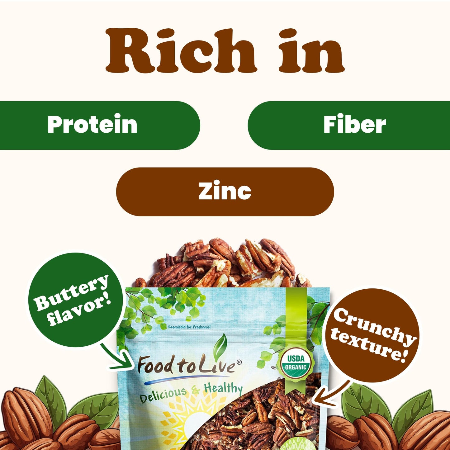 Food to Live Organic Dry Roasted Pecan Pieces with Himalayan Salt 8 Ounces - Oven Toasted, No Oil Added, Lightly salted, Rich in Flavor and Crunch
