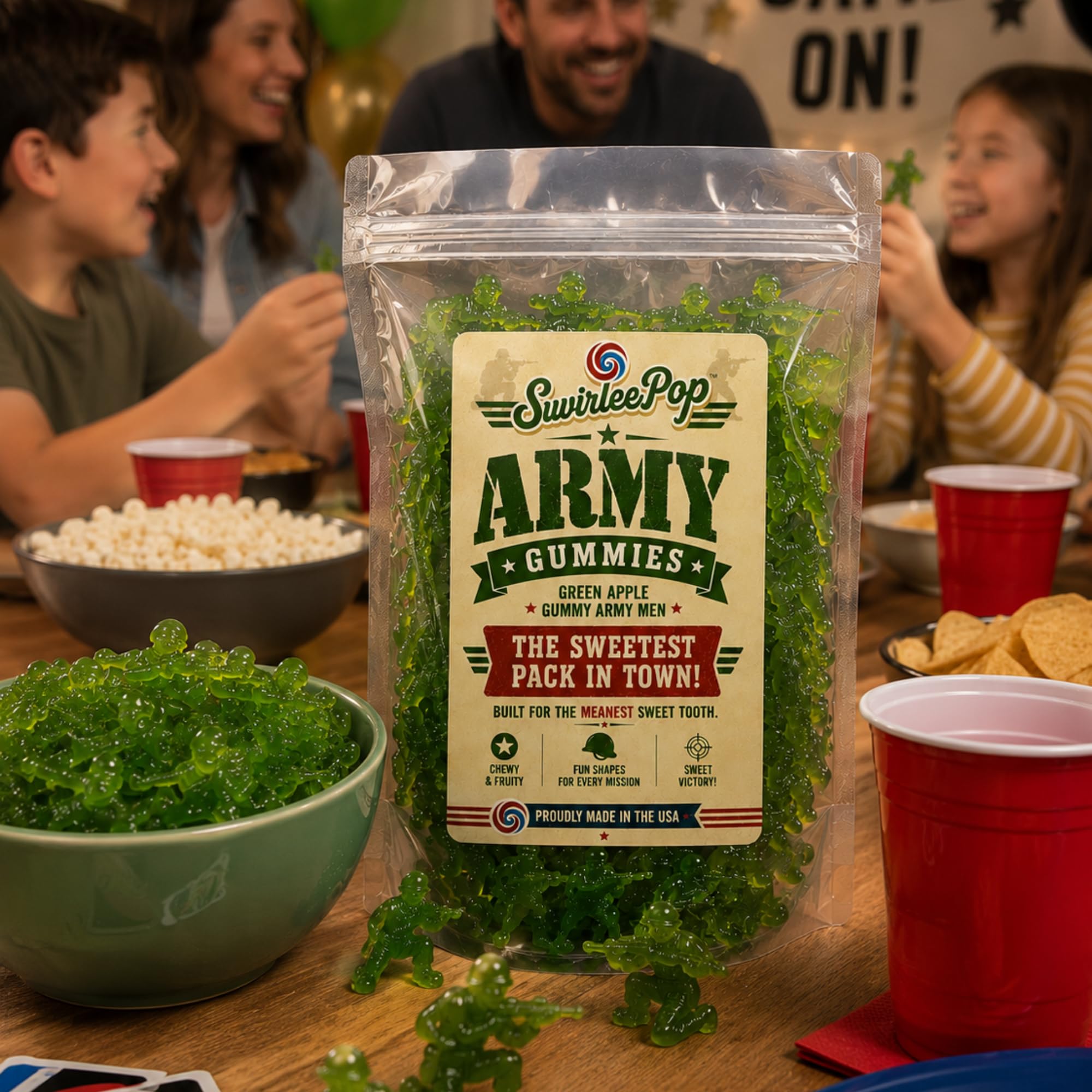 Swirlee™ Army Guys Gummies - Green Apple Gummy Army Men Candy - 12 oz Novelty Military Shaped Gummies for Parties, Candy Buffets, Gifts & Care