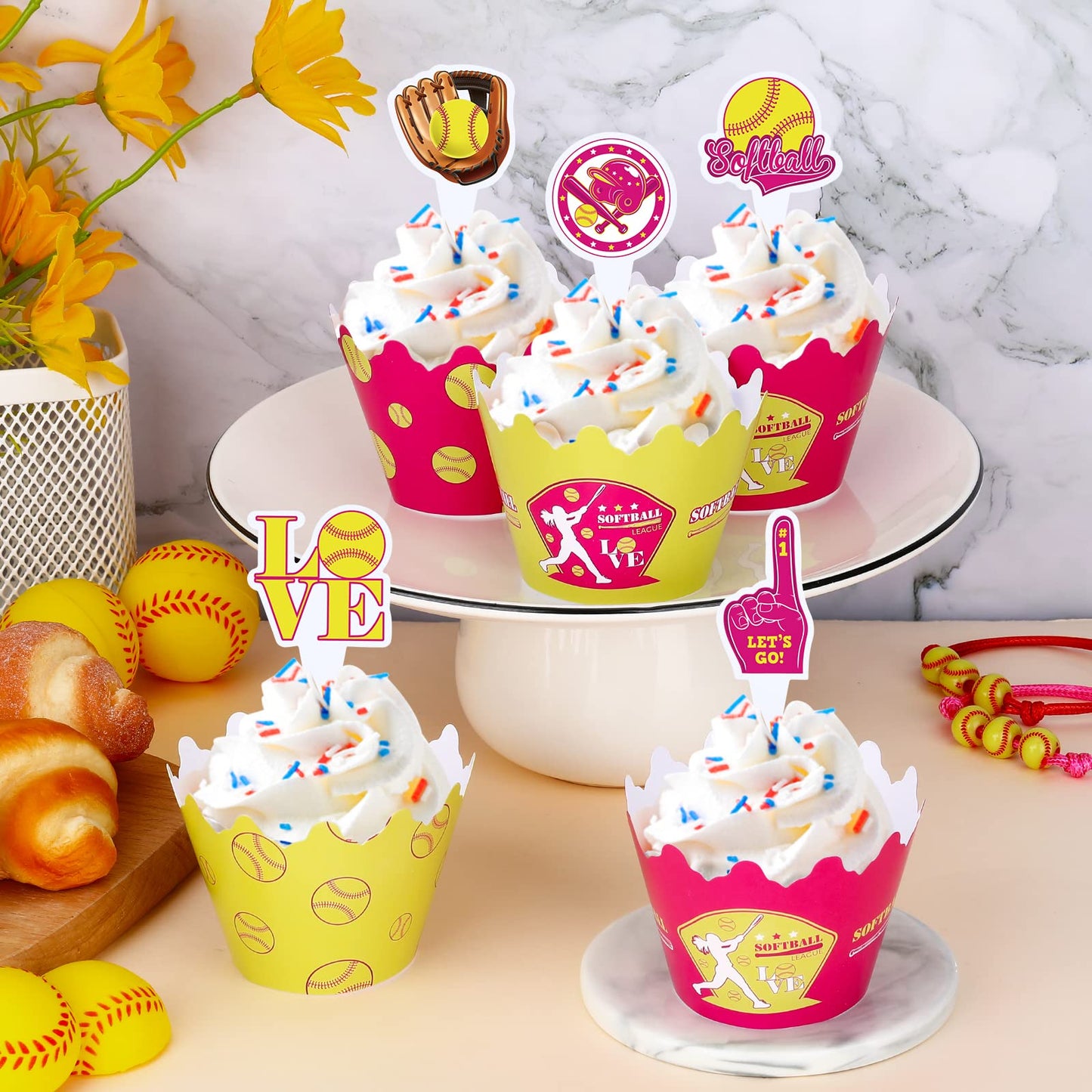 48Pcs Softball Cupcake Toppers and Wrappers - Party Supplies and Decorations for Girls, Kids, Teens - Sport Theme Birthday Cupcake Picks for Holiday