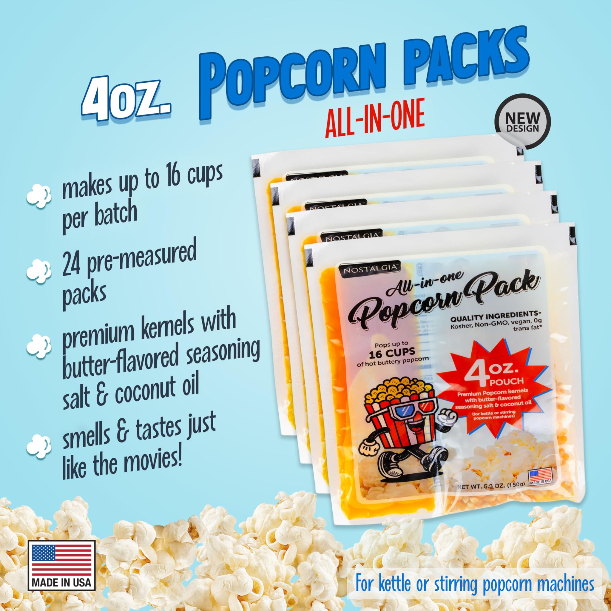 Nostalgia Theater Popcorn Bulk Pack - 24 Packets of 4 oz. Kernels, Seasoning Salt, & Butter Flavored Oil - Use with Kettles & Air Poppers - Movie