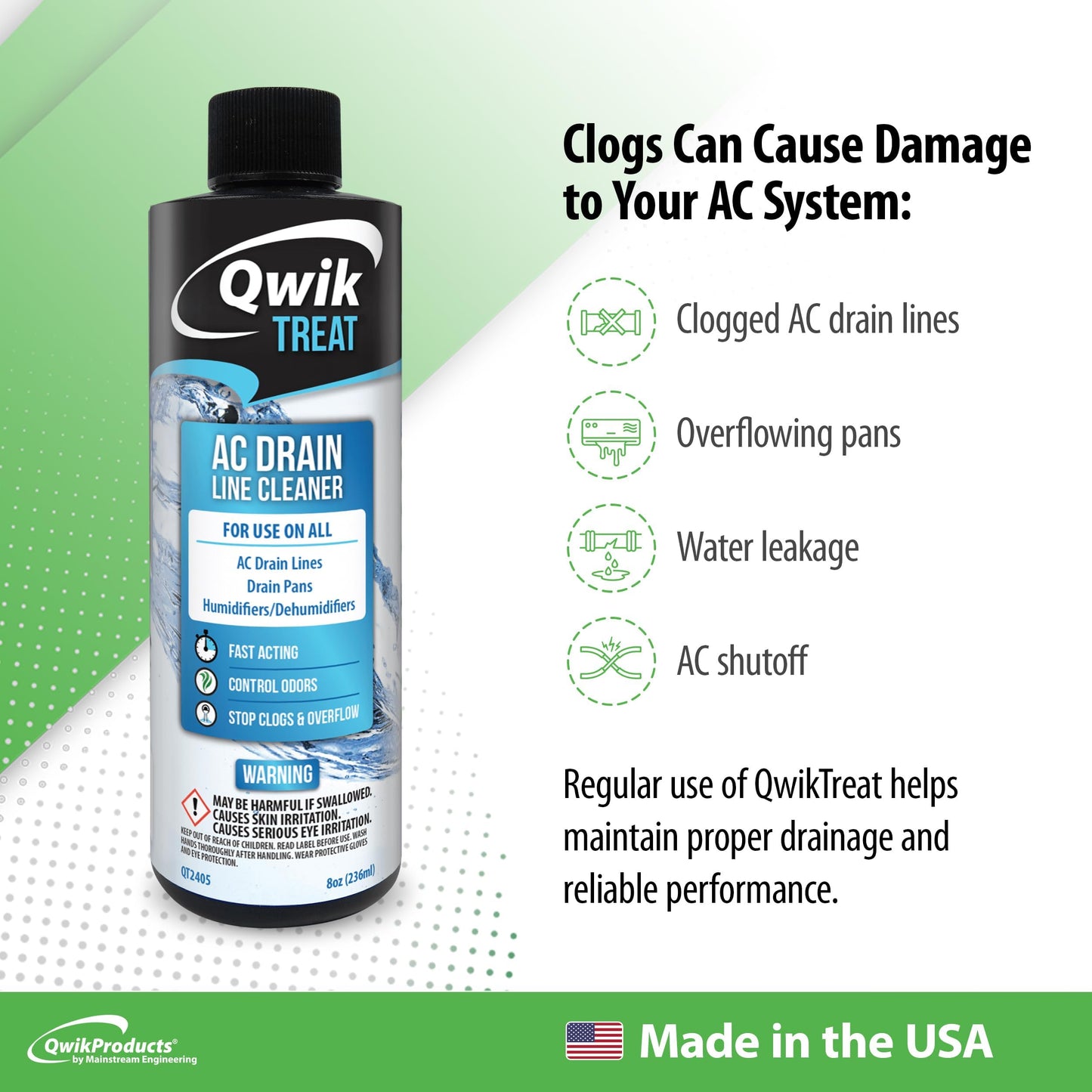 QwikTreat AC Drain Line and Condensate Pan Cleaner, Air Conditioner Pipe Unclogger for HVAC Maintenance and Service, 8 oz
