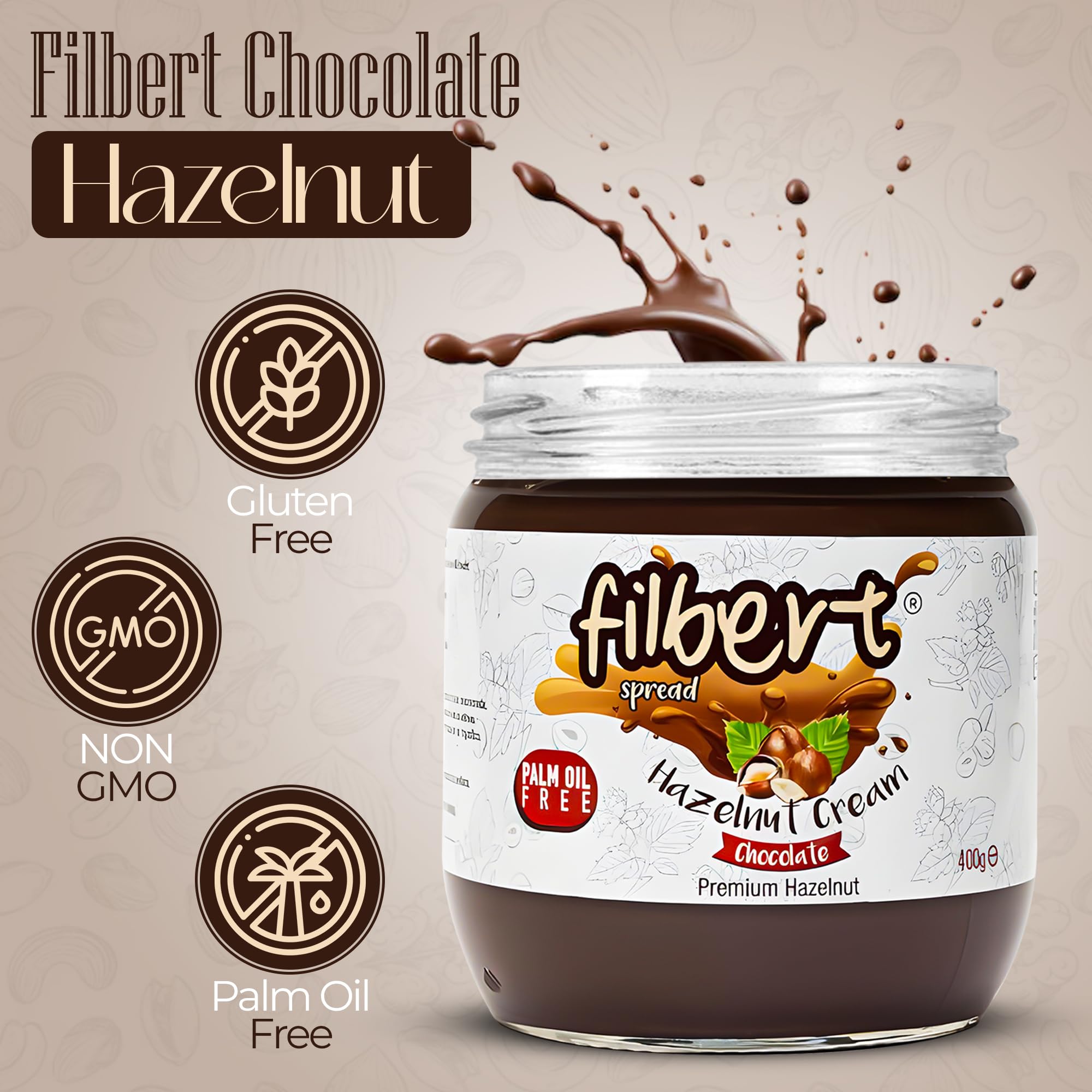 Filbert Spread Premium Hazelnut Chocolate Cream - 400g Jar | Palm Oil Free, Non-GMO, Gluten Free | Smooth & Creamy Hazelnut Cocoa Spread