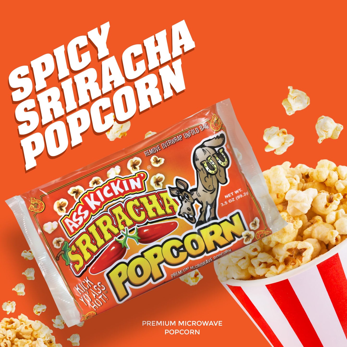KICKIN' Sriracha Microwave Popcorn Bags - 12 Pack - Ultimate Spicy Popcorn Gourmet Gift - Makes a Great Movie Theater Popcorn or Sriracha Snack Food