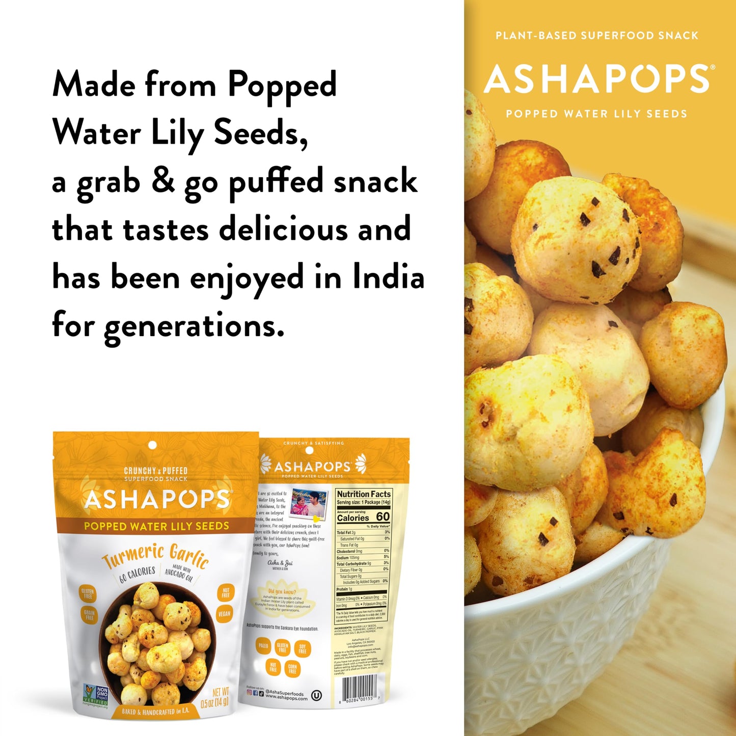 AshaPops Turmeric Garlic Flavored Popped Water Lily Seeds, 0.5 oz (Pack of 12) - Gluten-Free, Vegan, Paleo, Nut-Free, Corn-Free, Soy-Free, Non-GMO
