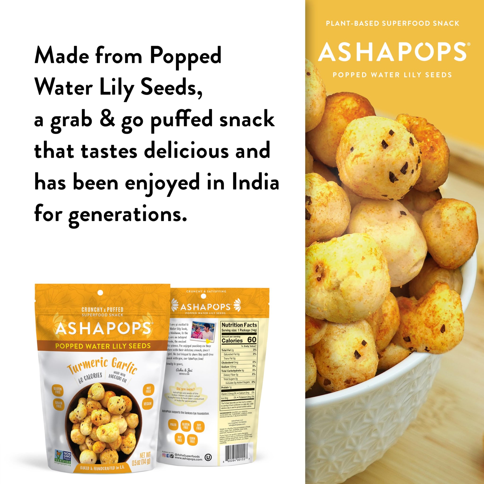 AshaPops Turmeric Garlic Flavored Popped Water Lily Seeds, 0.5 oz (Pack of 12) - Gluten-Free, Vegan, Paleo, Nut-Free, Corn-Free, Soy-Free, Non-GMO
