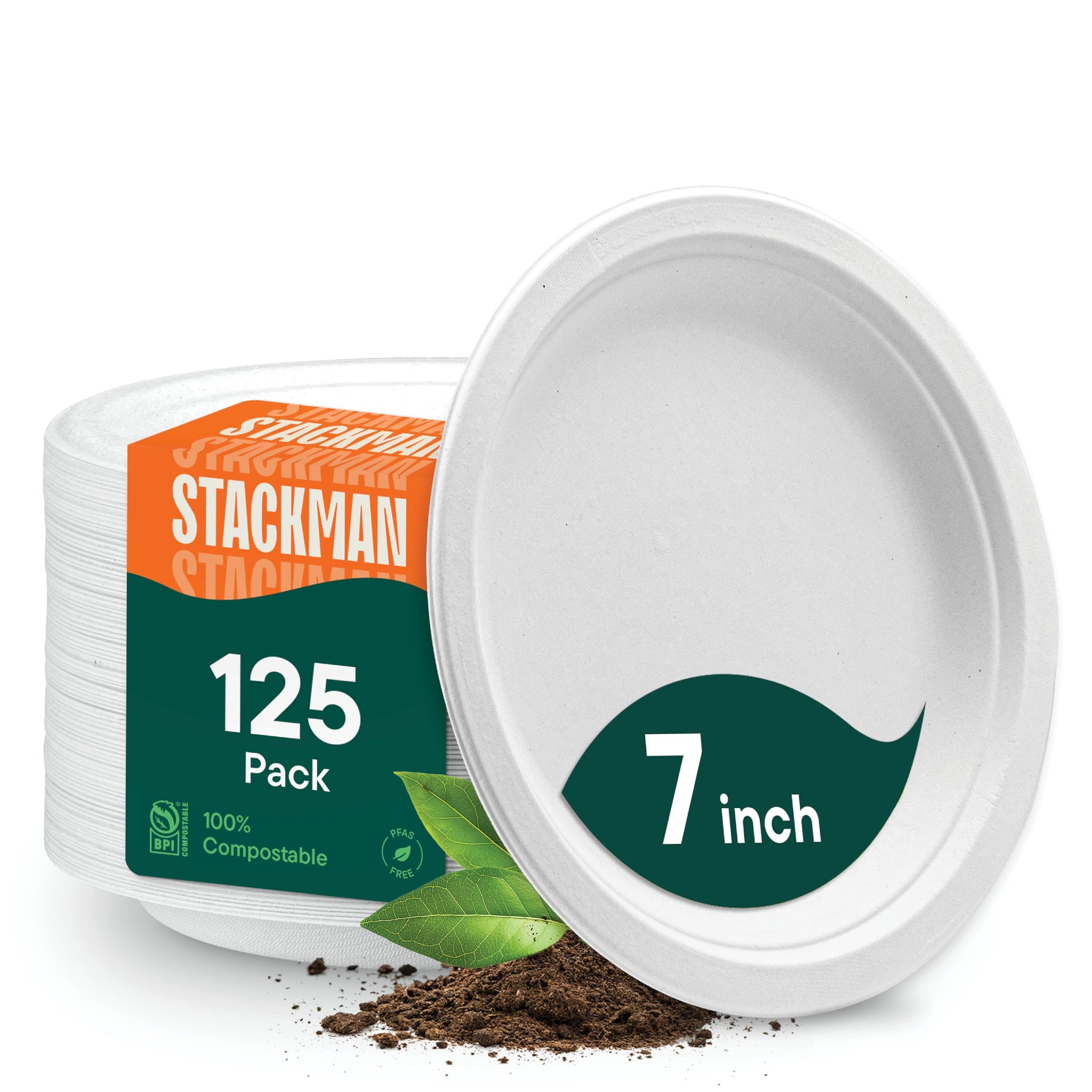 Stack Man 100% Compostable Small Paper Plates 7 Inch Heavy-Duty [125-Pack] Eco-Friendly White Bagasse Disposable Dessert Cake Plates - 7"