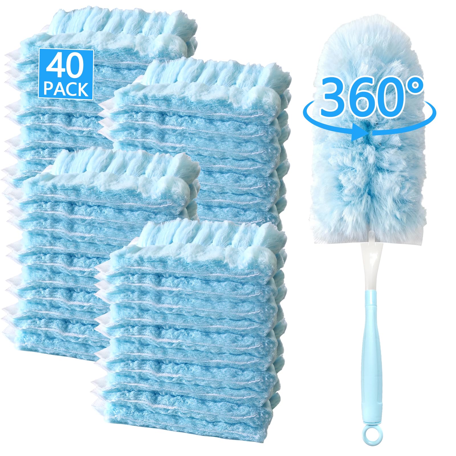 WAWINY 40 Pack Duster Refills Kit Disposable for Swiffer Duster Handle,360° Deep Cleaner Heavy Duty Replacement with 1 Handle,for Home, Blinds, Car