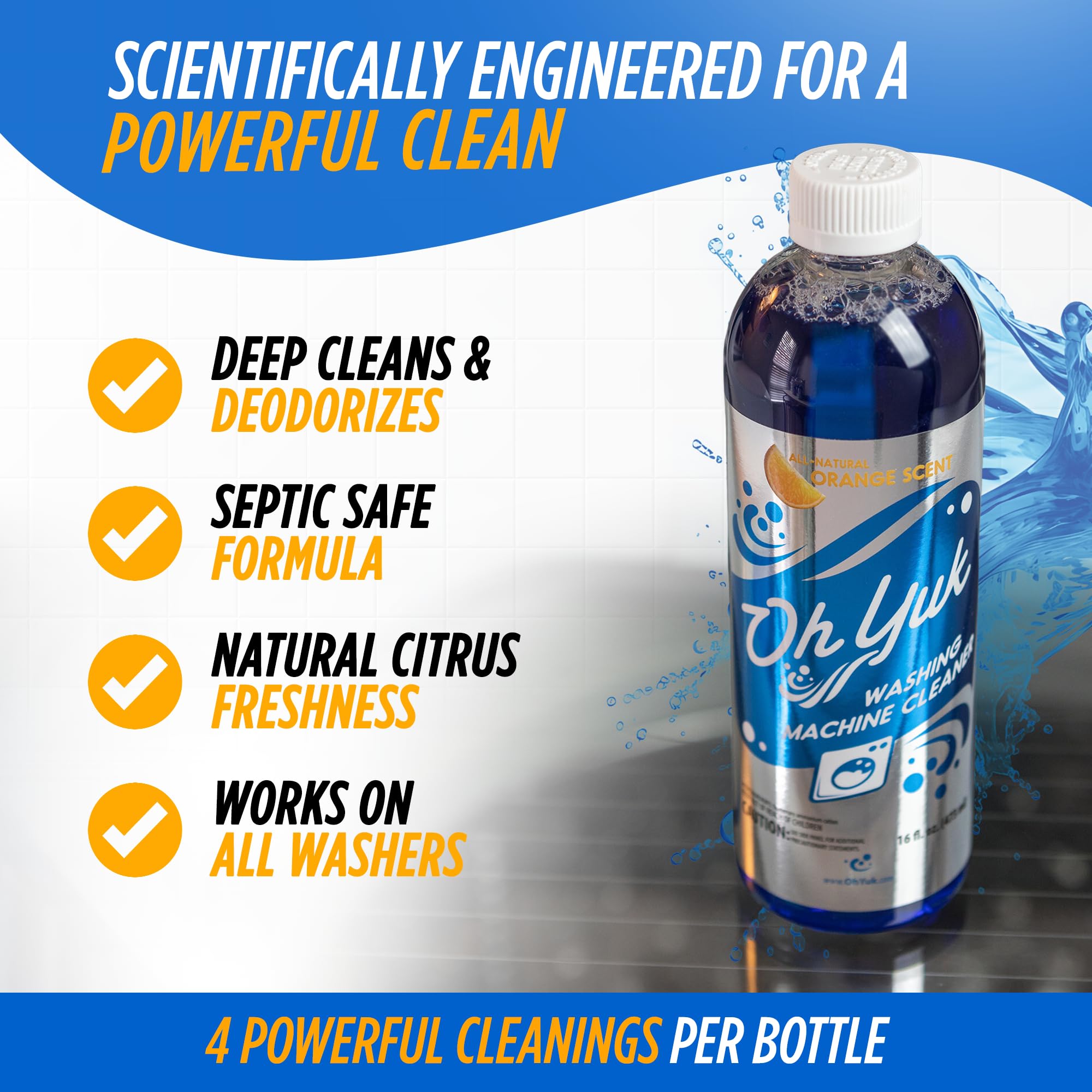 Oh Yuk Washing Machine Cleaner For All Washers (Top Load, Front Load, HE and Non-HE), Natural Citrus Fragrance, Four Cleanings Per Bottle, Septic